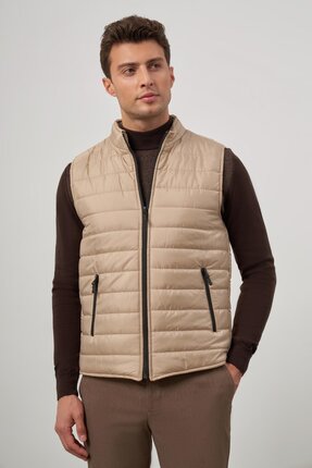 İmza Erkek Bej Kapitone Dik Yaka Düz Garnisiz-Biyesiz Slim Fit Yelek 1009245150