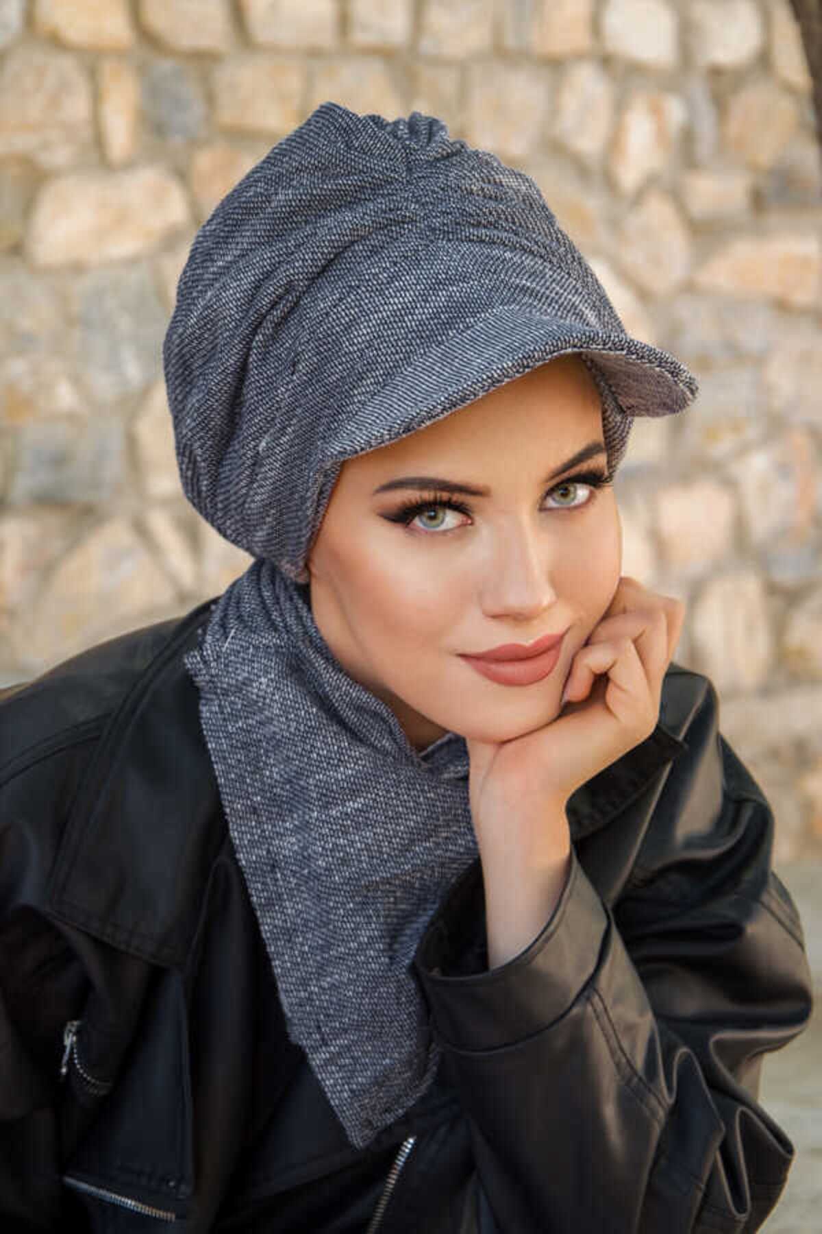 Aişe tesettür-Denim Blue Drawstring Hijab Hat 3