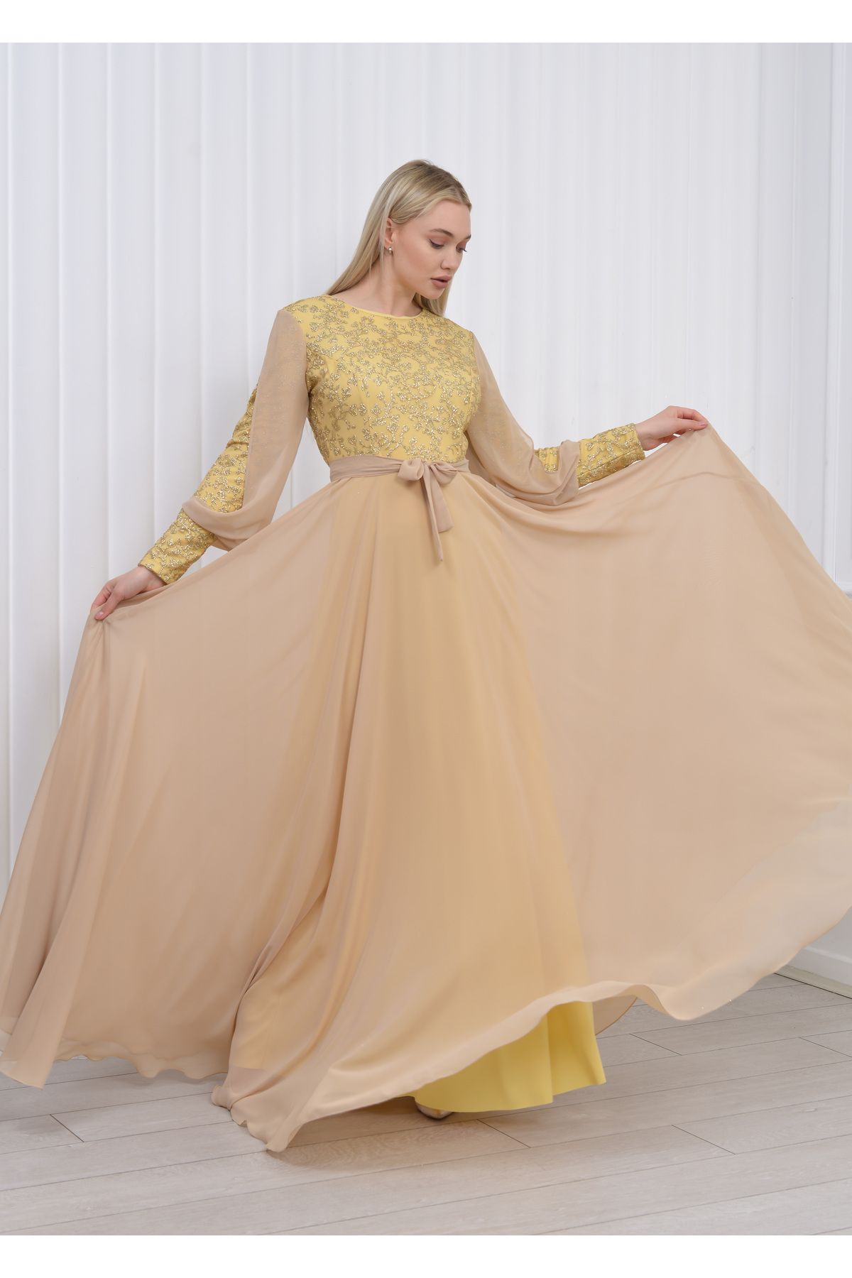 poplinmoda-Gold Glitter Plus Size Hijab Evening Dress - 2226 1