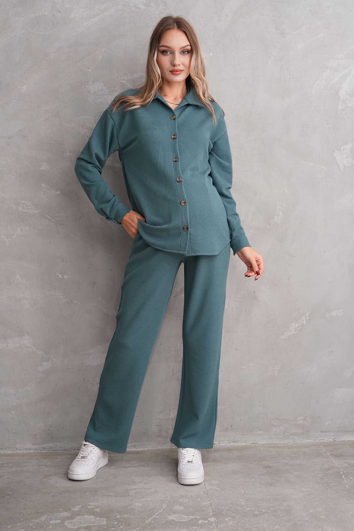 Miss Dünya Lissa-Pregnant and Maternity Bottom Top Suit with Front Button Corded Twisted Fabric Pockets 4