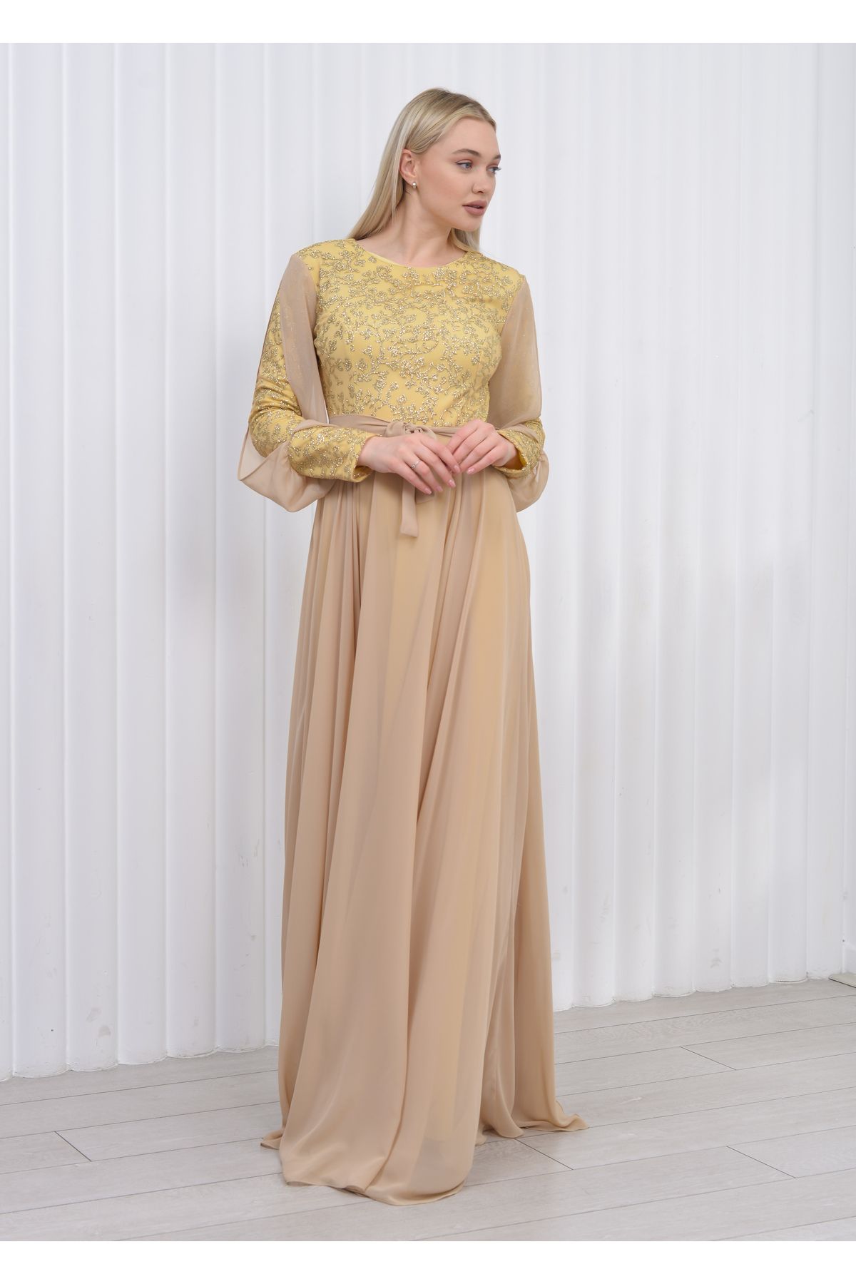 poplinmoda-Gold Glitter Plus Size Hijab Evening Dress - 2226 3