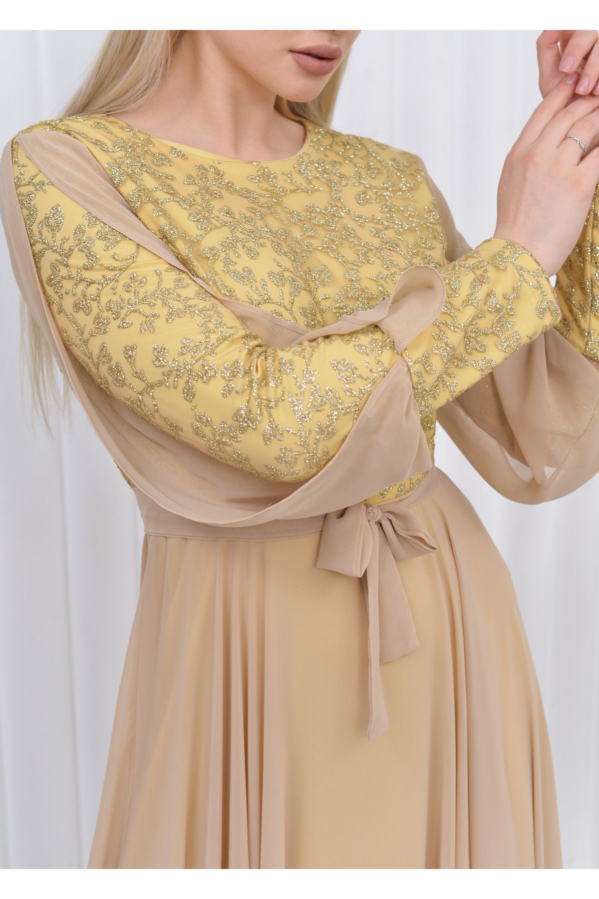 poplinmoda-Gold Glitter Plus Size Hijab Evening Dress - 2226 4