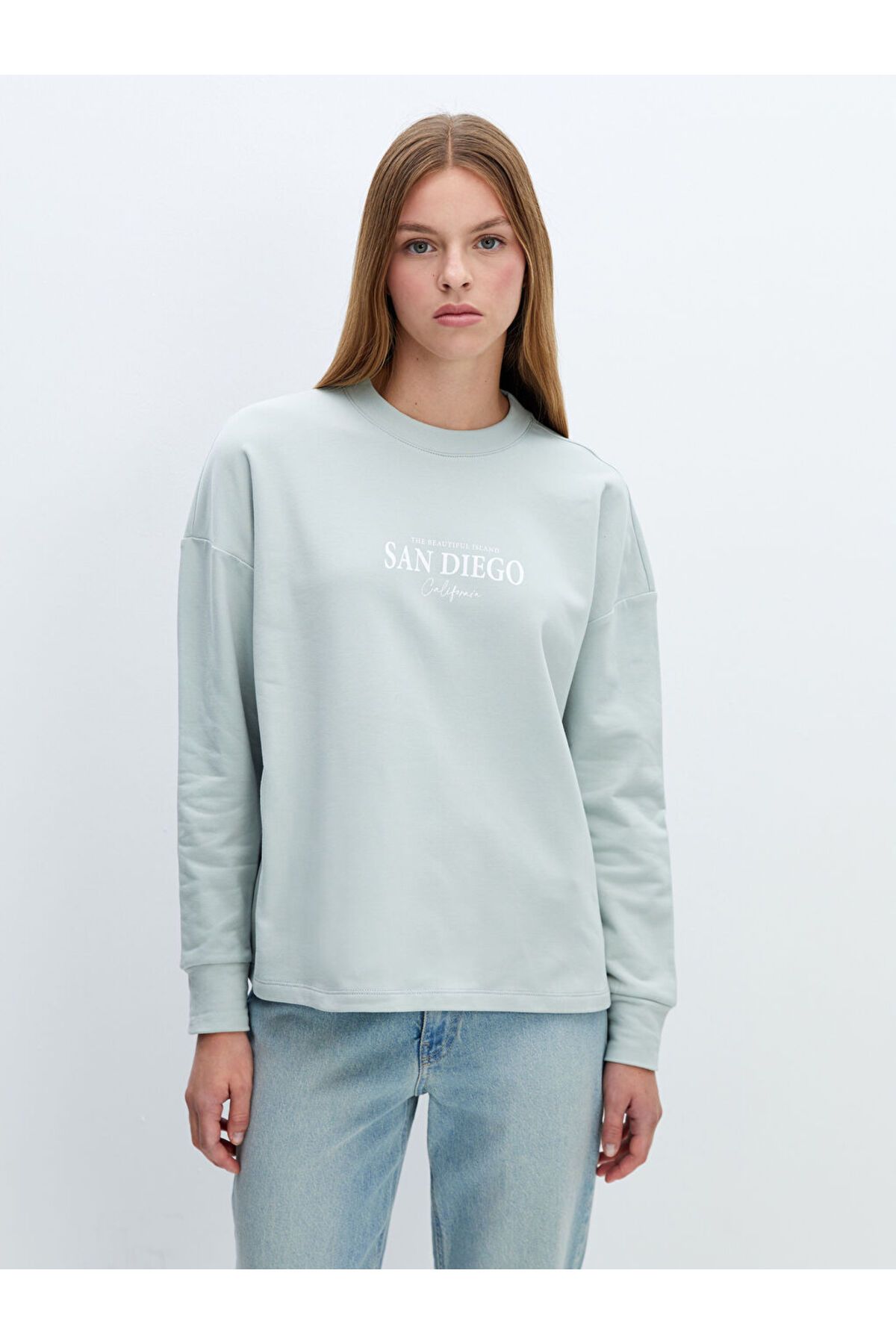 LC Waikiki Bisiklet Yaka Baskılı Oversize Kadın Sweatshirt