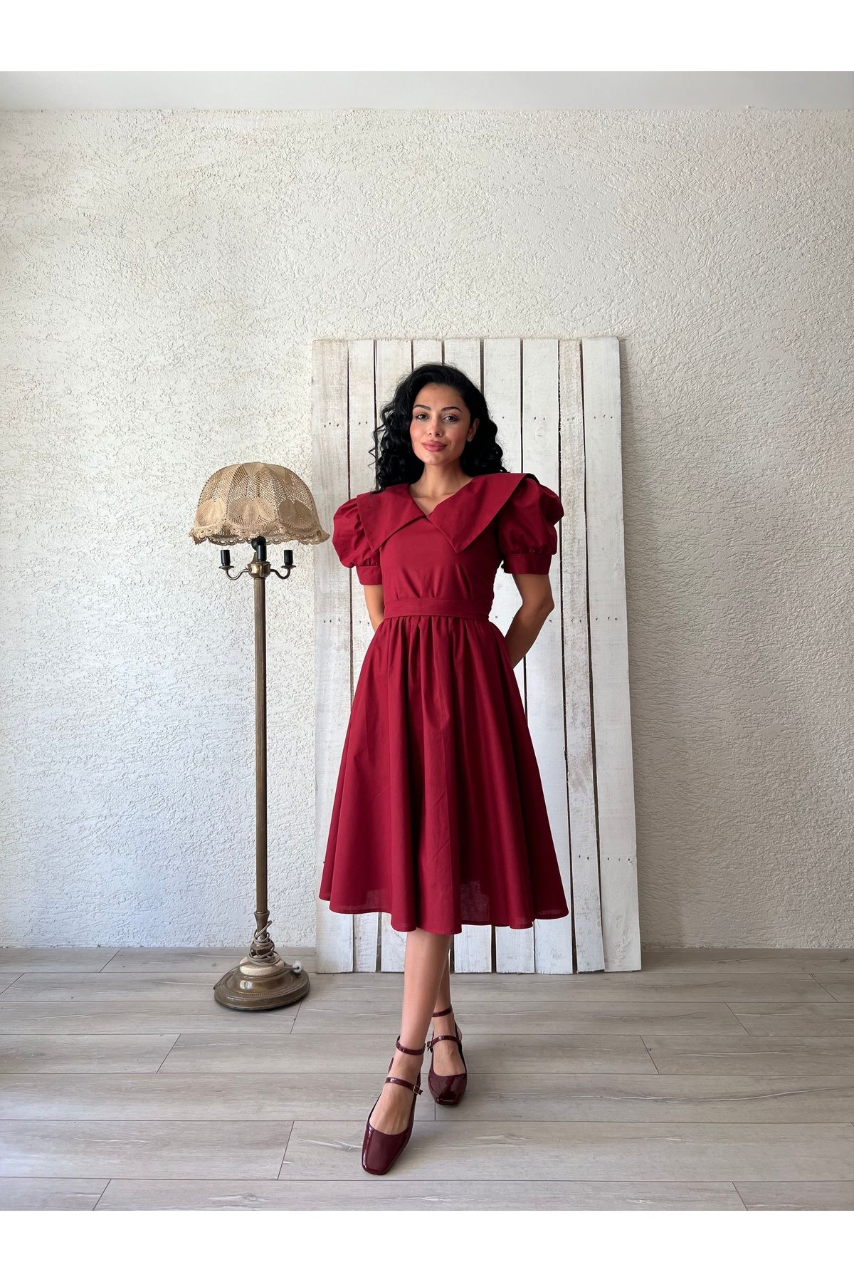 KÜÇÜĞÜM BUTİK-Burgundy Big Neckline Flared Poplin Dress 4