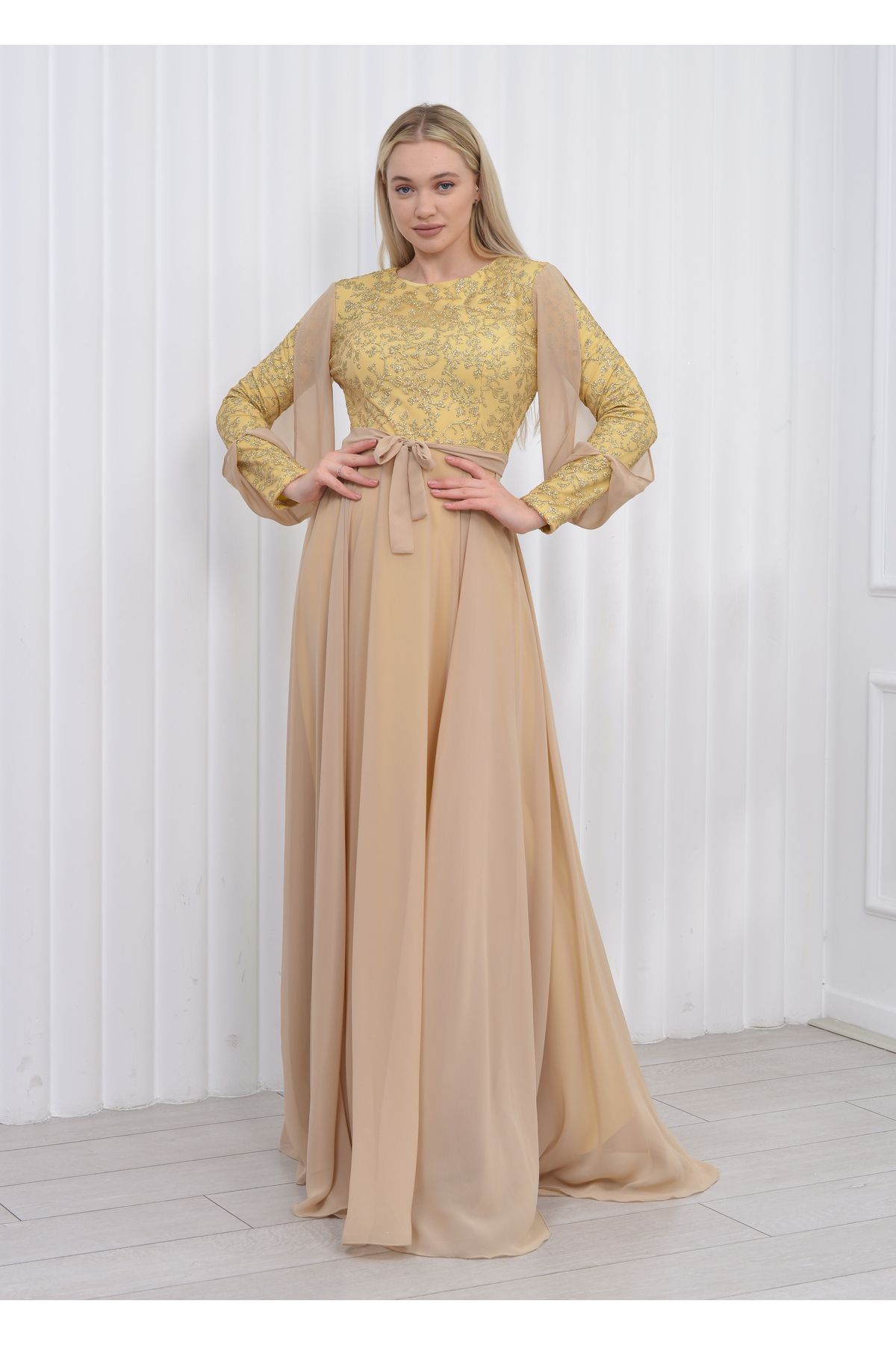 poplinmoda-Gold Glitter Plus Size Hijab Evening Dress - 2226 2