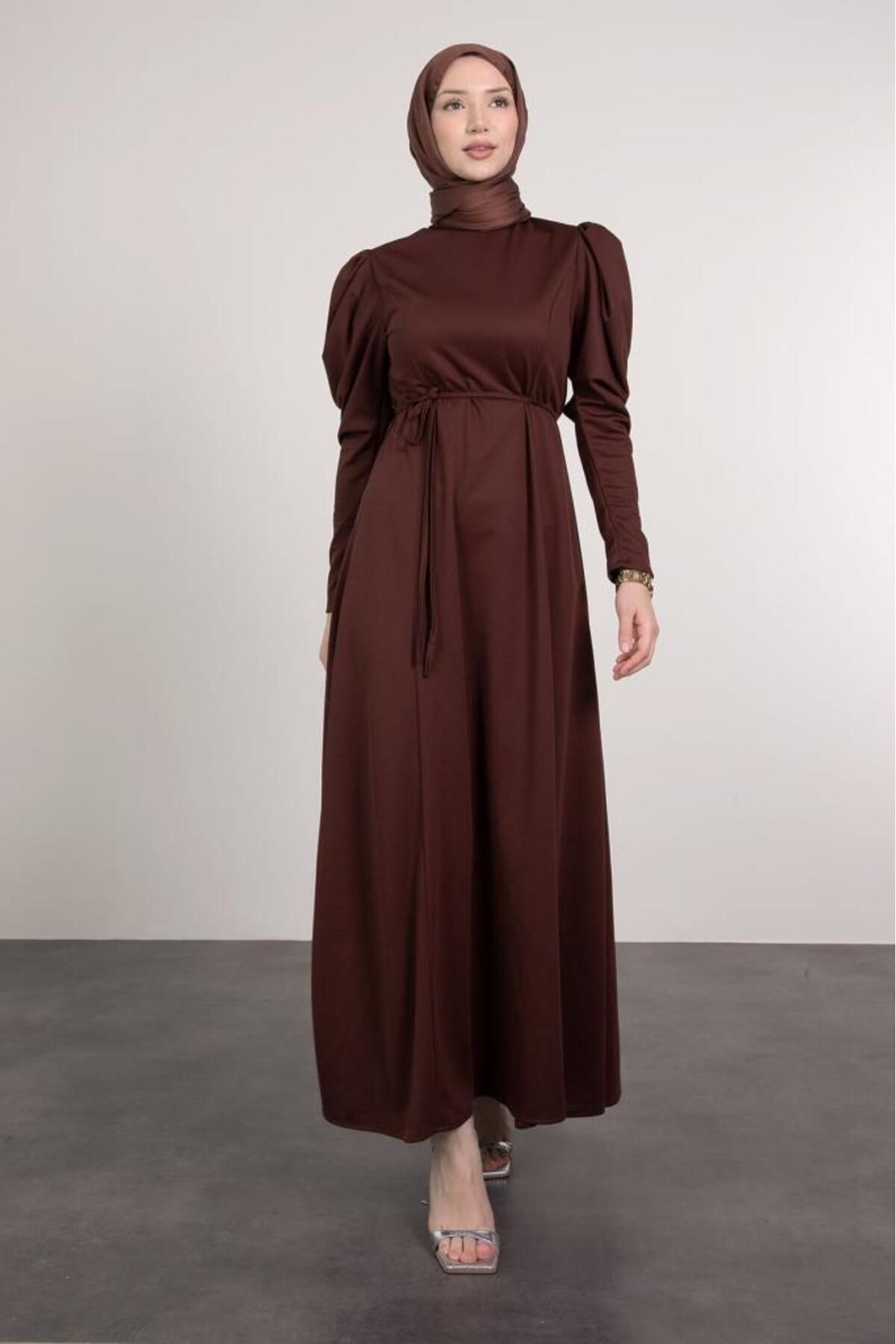 Lamia Giyim-Brown Hijab Dress - Shoulder Balloon Detail and Sashes 4