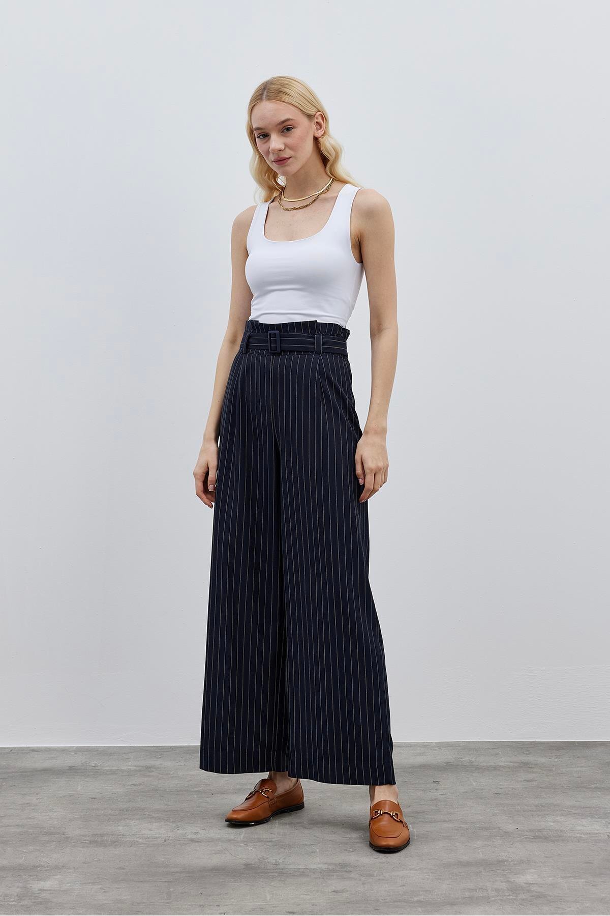 Fahhar-Navy Blue Striped Women's Trousers with Belt Detail 2