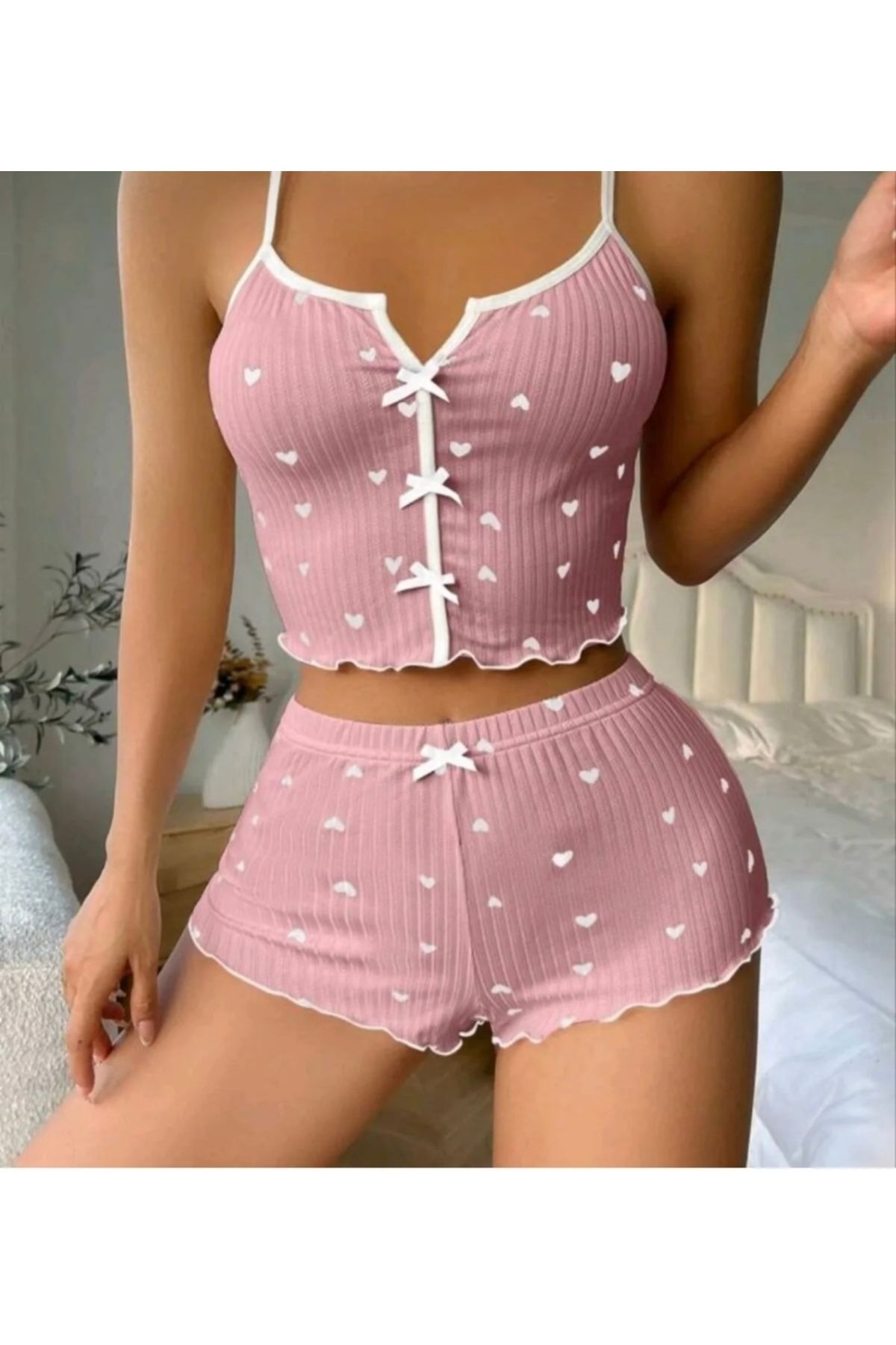 VNK COLLECTİON-Pink and White Heart Bow Lycra Shorts Set Homewear 5