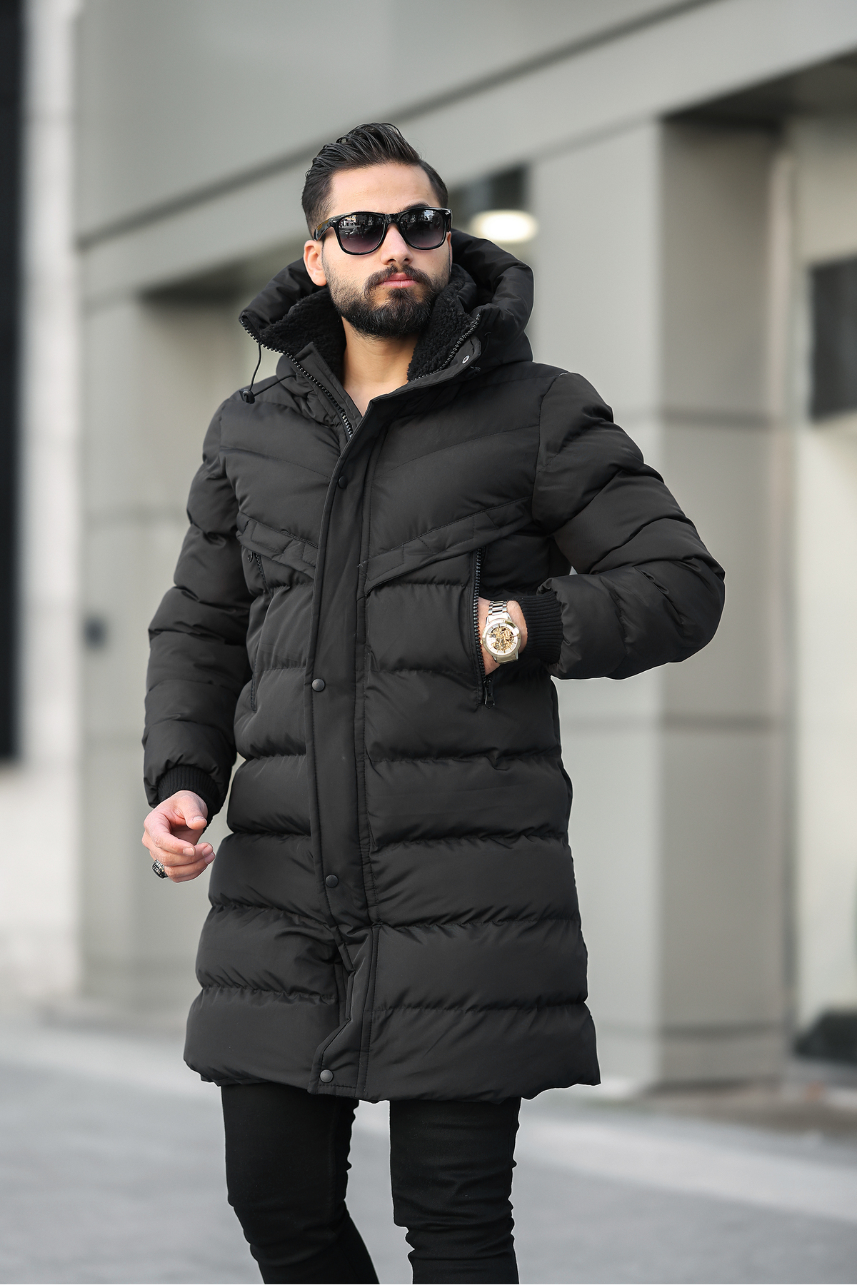 Kapüşonlu Uzun Erkek Şişme Mont 1150 — مشکی — تصویر 3 از 4