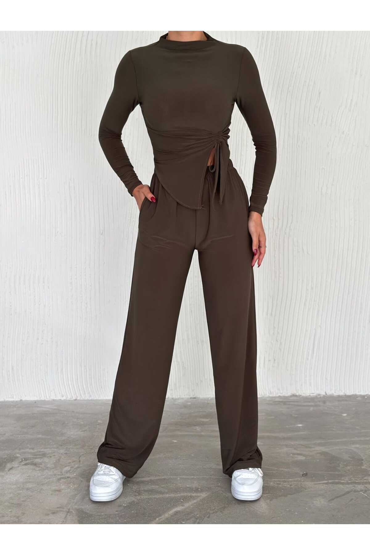 aytenli-Palazzo Pants with Stand Collar and Triangle Cut - Long Sleeve Sandy Set with Pockets and Elastic Waist 1