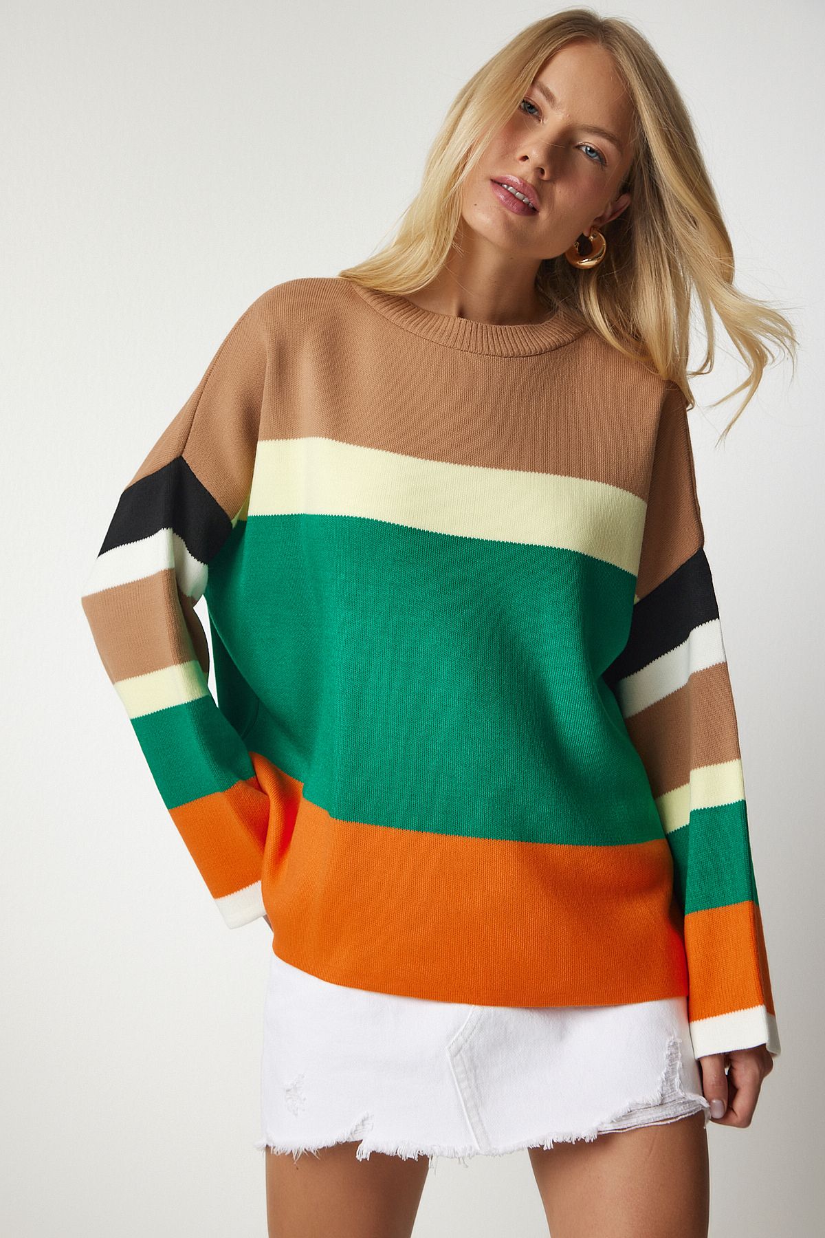 Lovelyİstanbul-Green Color Block Knitwear Sweater - Biscuit Lbv0056 2