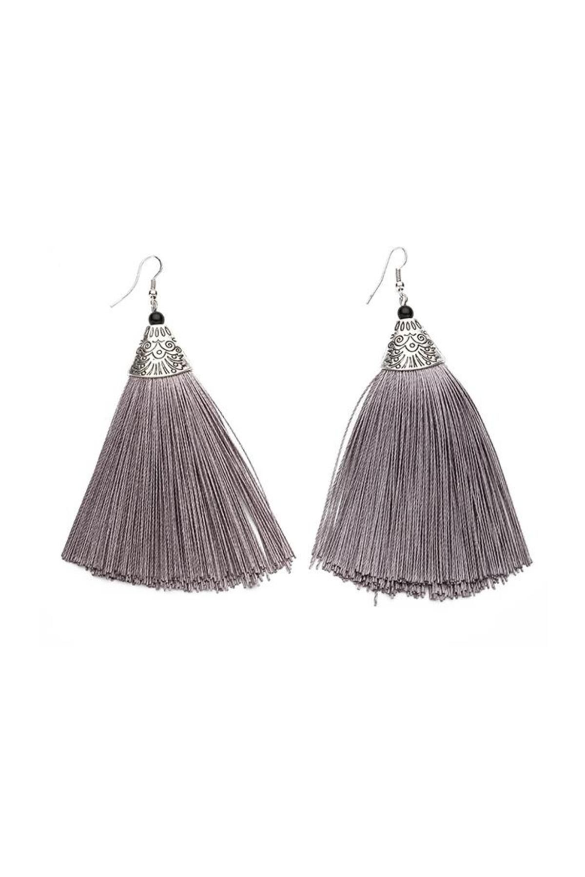Modex-Gray Embroidered Tassel Earrings 3