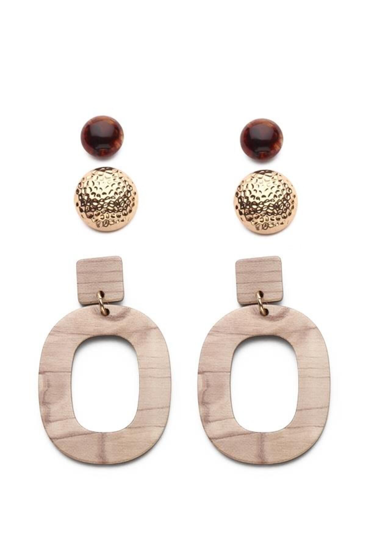 Modex-Wooden Look - Piece Detailed Multiple Earring Set 2