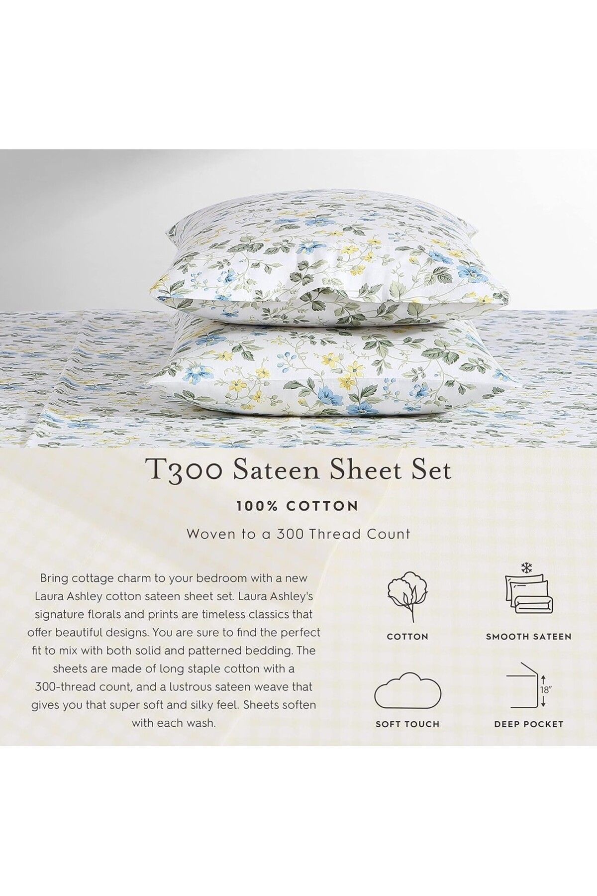 Laura Ashley-Bedding Set - Cotton Satin Double-Sided Bedspread and Matching Pillows 4