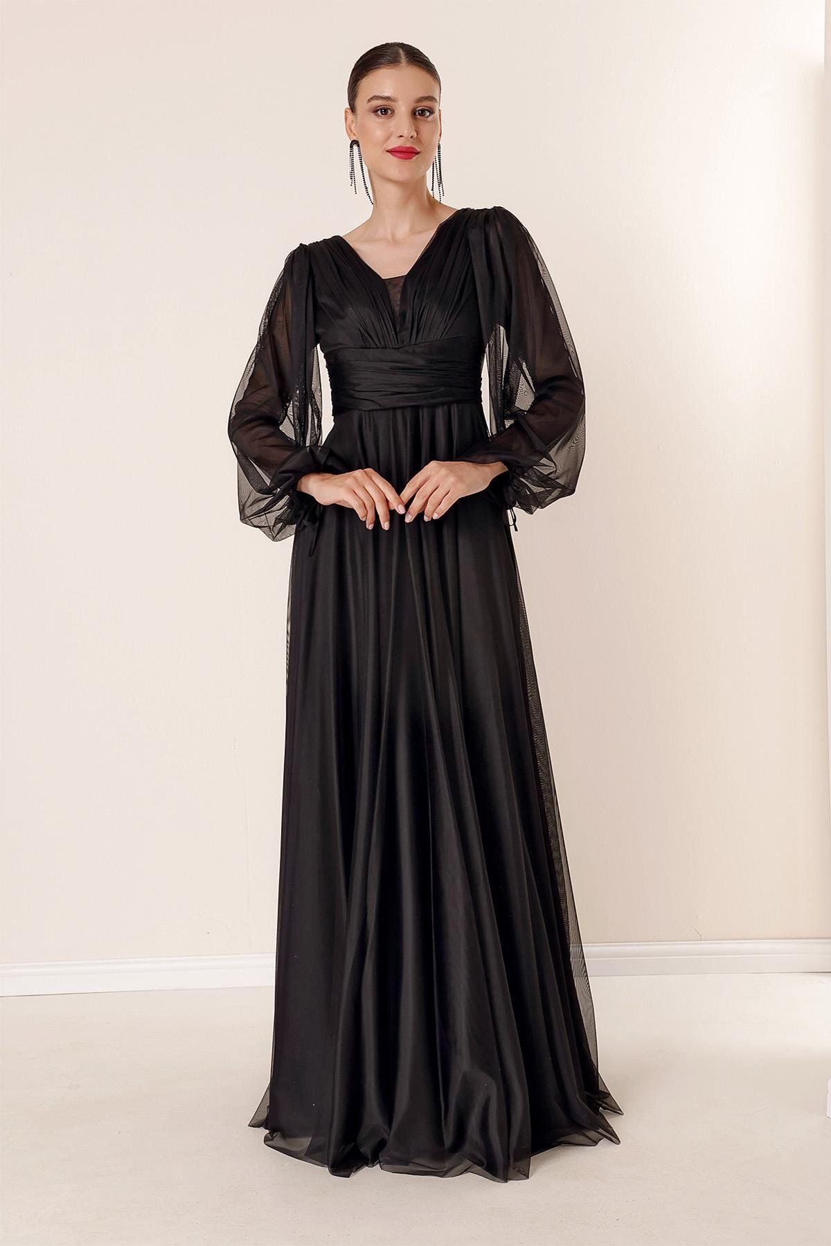 By Saygı-Langes, drapiertes, gefüttertes Tüllkleid mit V-Ausschnitt vorne und vorne hinten 3