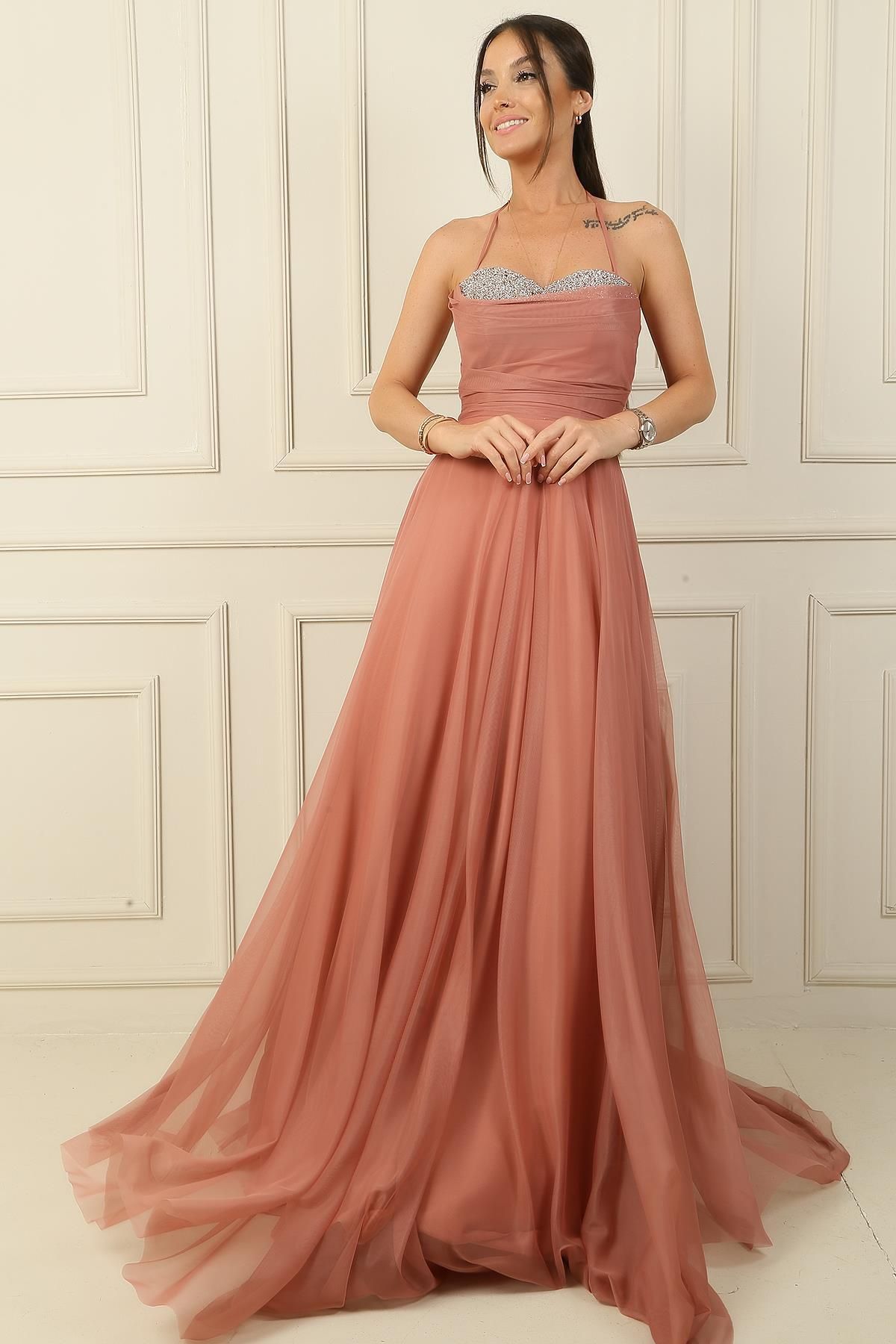By Saygı-Long Draped and Stone Detailed Lined Tulle Evening Dress 3