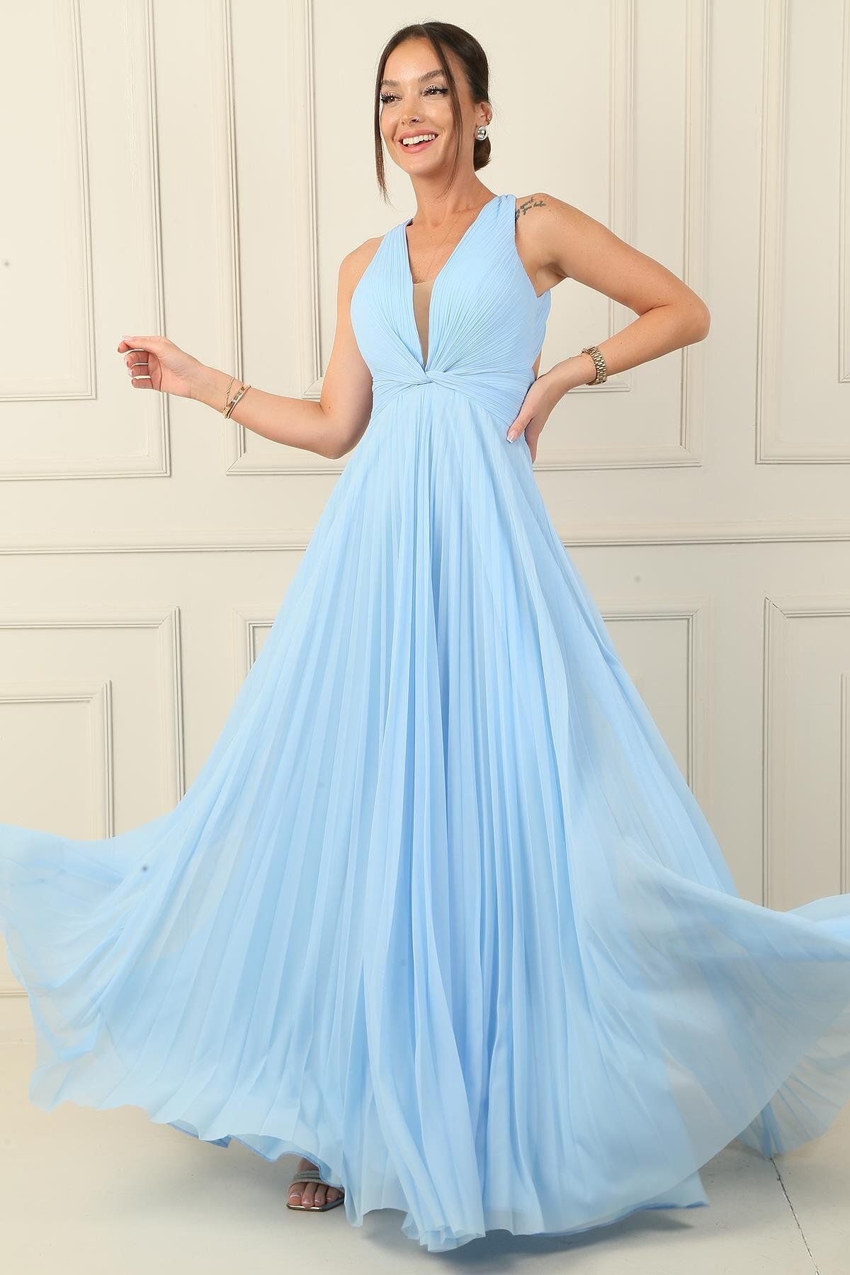 By Saygı-Long Chiffon Evening Dress - Pleated Dress with Backless, Knot Detail and Lining 1