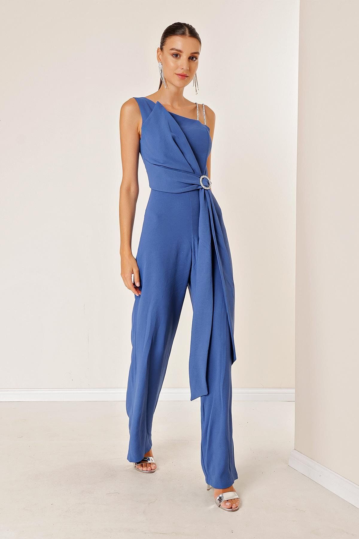 By Saygı-Crepe Palazzo Jumpsuit with One Side Buckle and Drap - Double String Straps 3