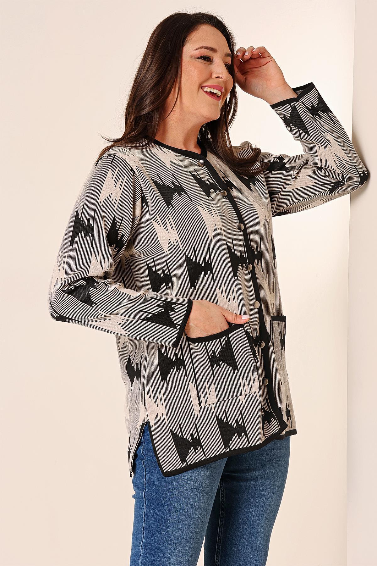 By Saygı-Patterned Plus Size Cardigan with Buttons on the Front and Pockets 1