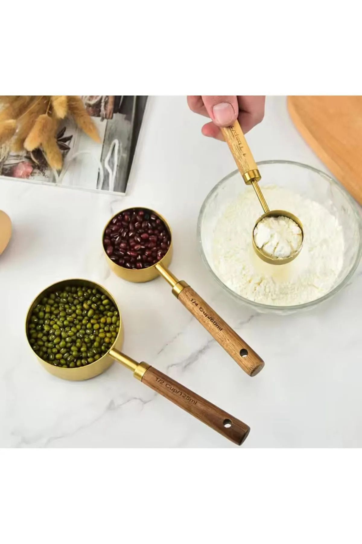 btmhome-Gold Measuring Spoon Set Set of 4 Measuring Cups with Wooden Handle 7
