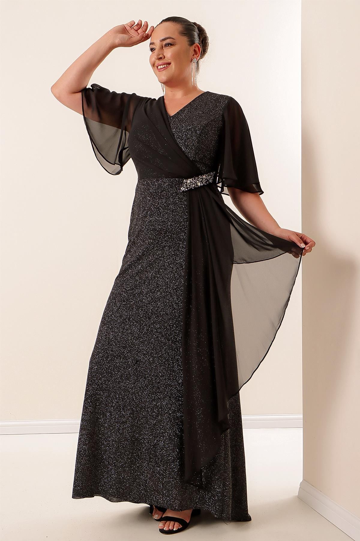 By Saygı-Plus Size Silvery Long Dress with Chiffon Sleeves Side Stone Accessories Lining 1