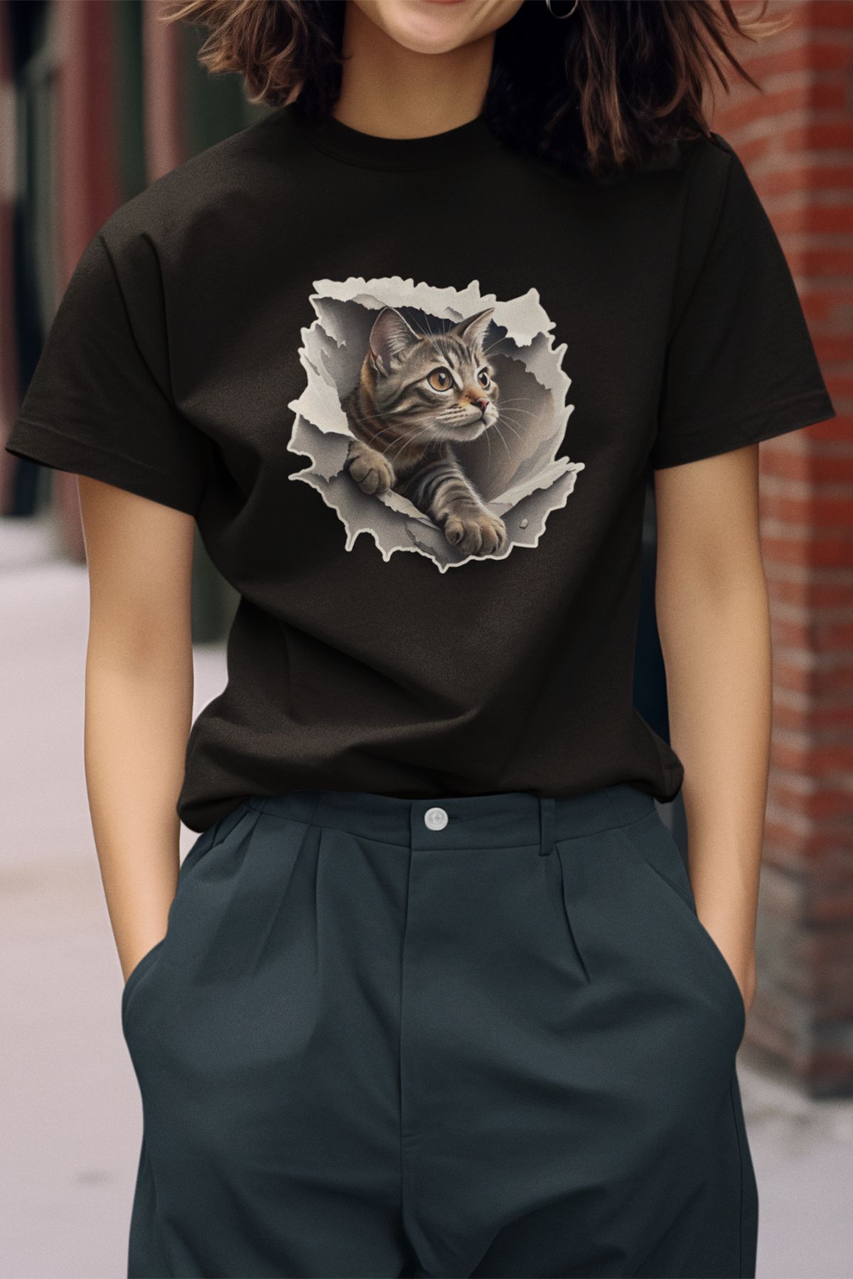 qoeuyl boutique-White Unisex T-Shirt with Cute Cat Printed Kitten, Designed Gift for Animal Lover 1