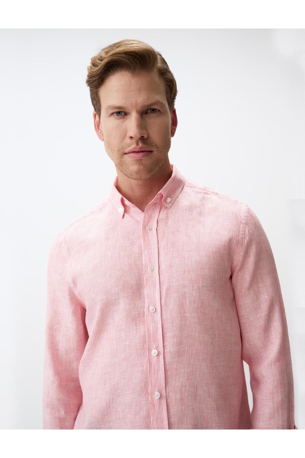 Jimmy Key-Red Line Patterned Men's Linen Shirt 5