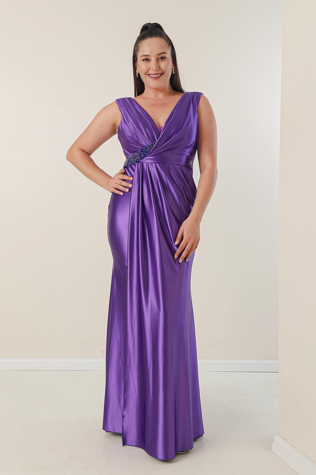 By Saygı-Lined Plus Size Long Satin Dress with Draped Front and Bead Detail 2