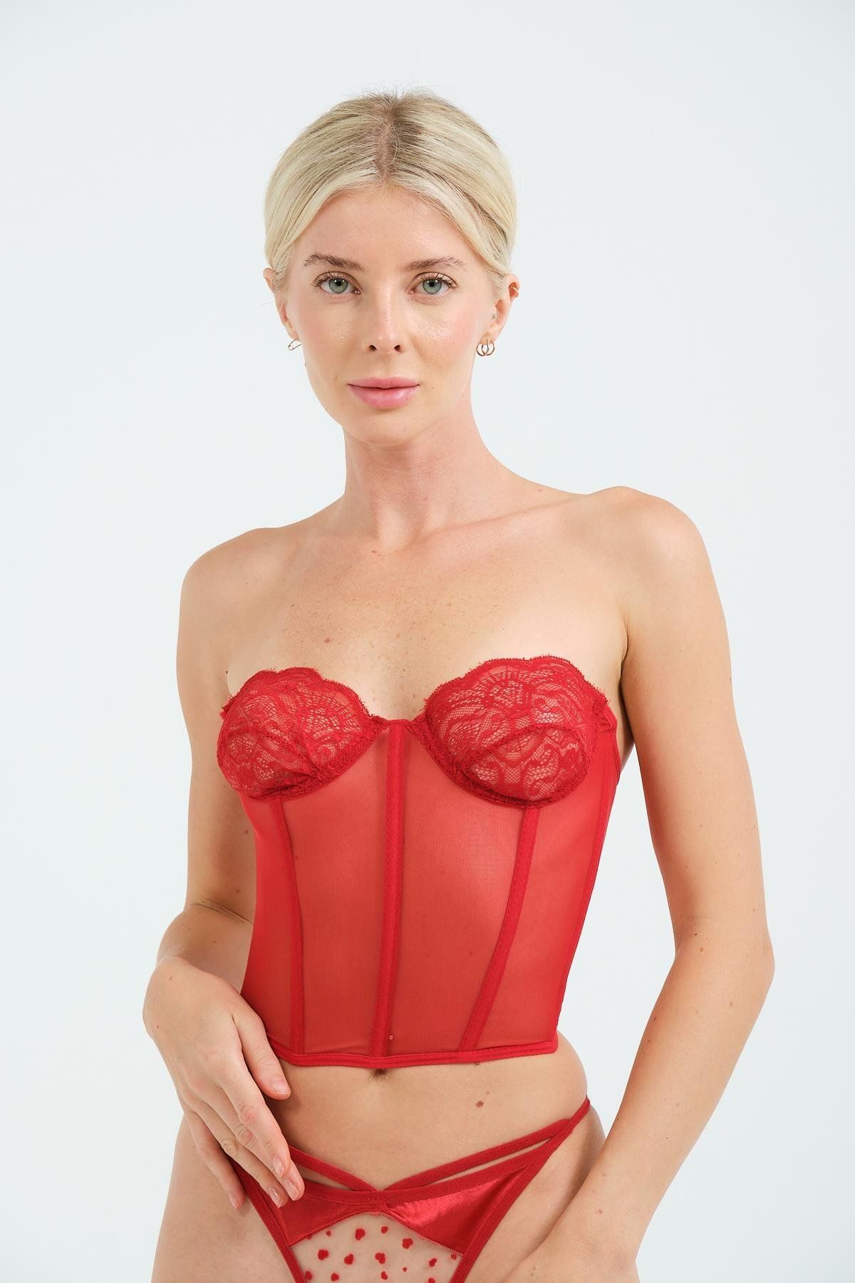 C&City-6003 Modell Rotes, durchsichtiges, ausgefallenes, trägerloses Spitzen-Bustier 8