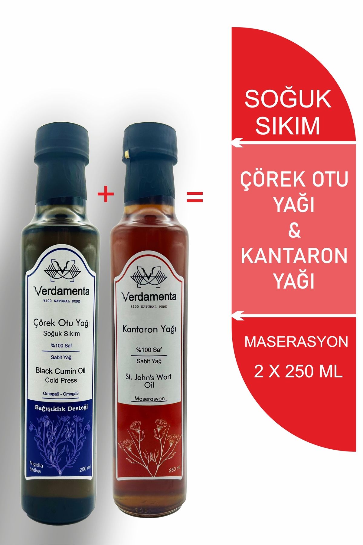 verdamenta Çörek Otu & Kantaron Yağı Seti 250 ml - Soğuk Sıkım ve Maserasyon, İçilebilir & Cilt Bakımı