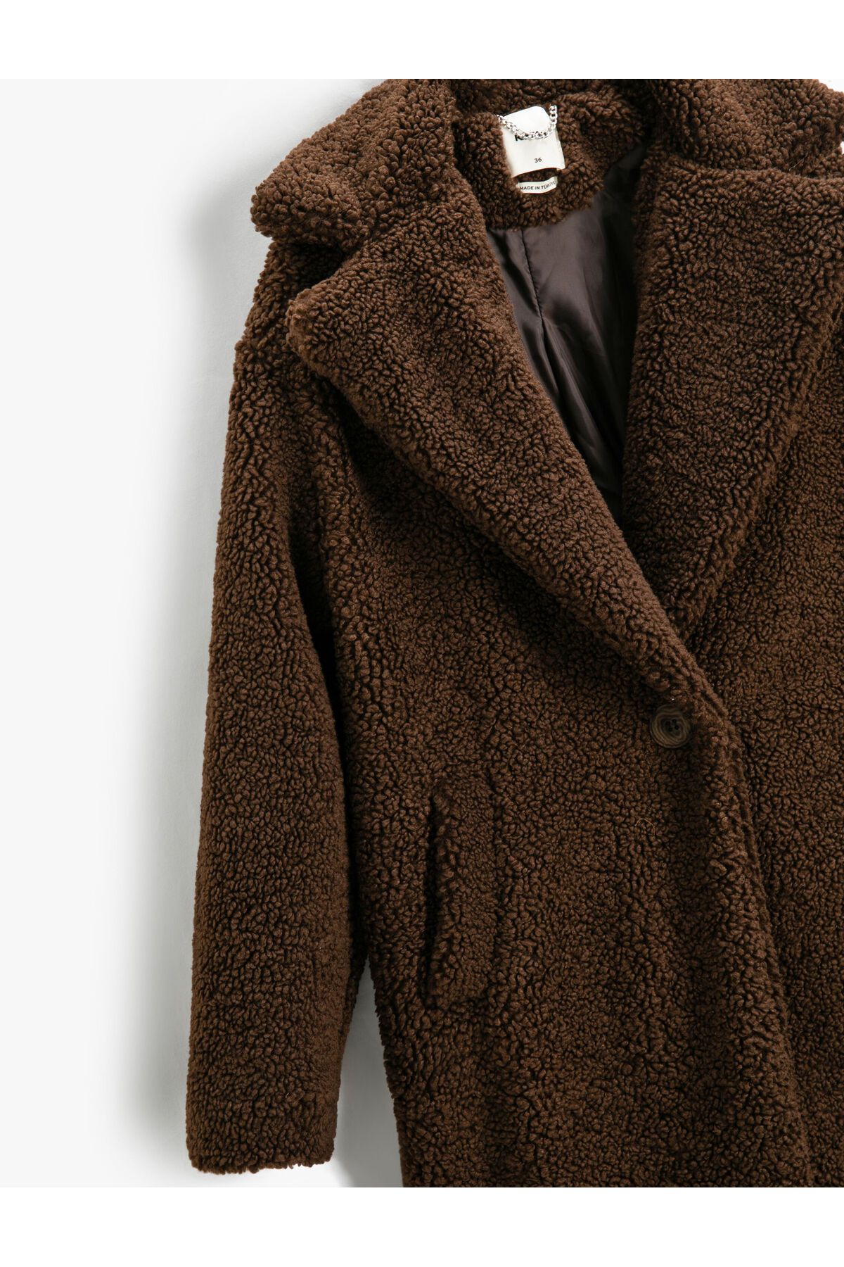 Koton-Long Plush Oversize Coat with Single Button Pocket 7