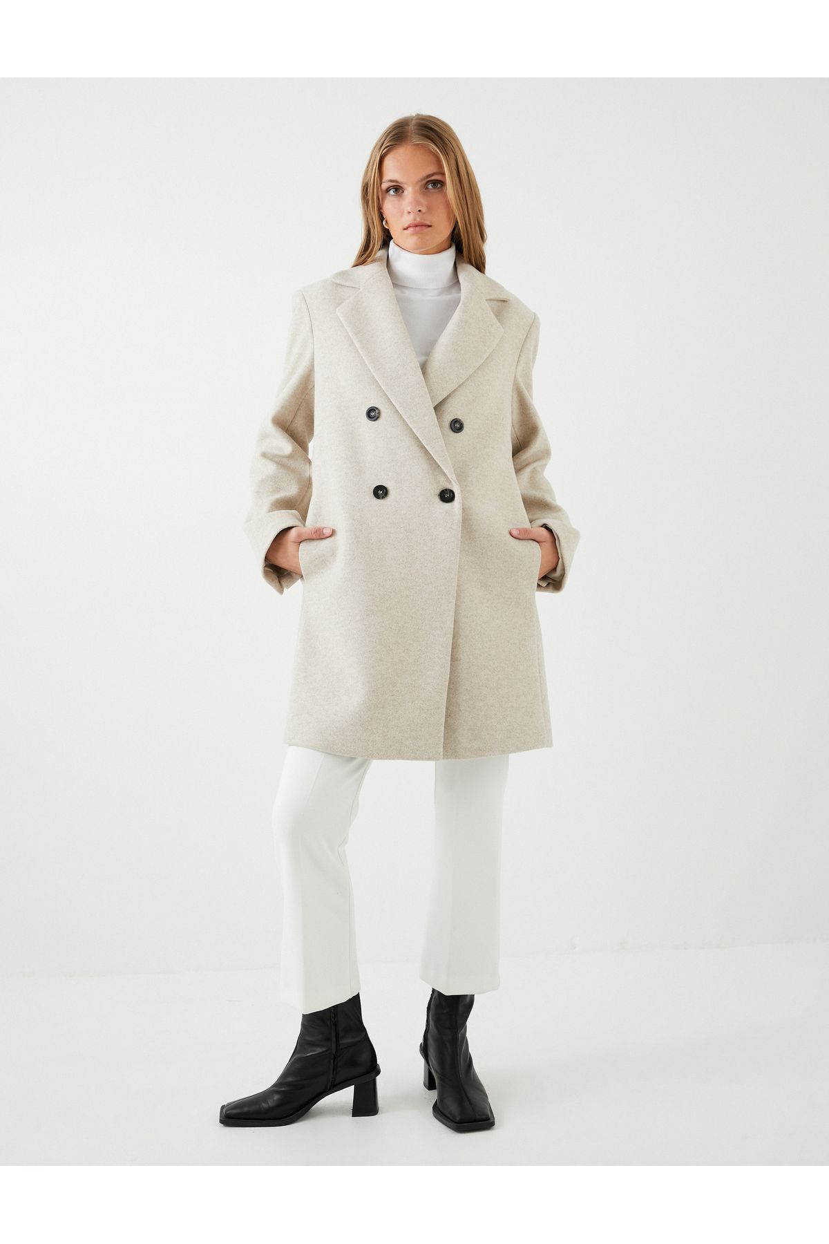 Koton-Stitched Coat Double Breasted Closure Buttoned with Pockets 3