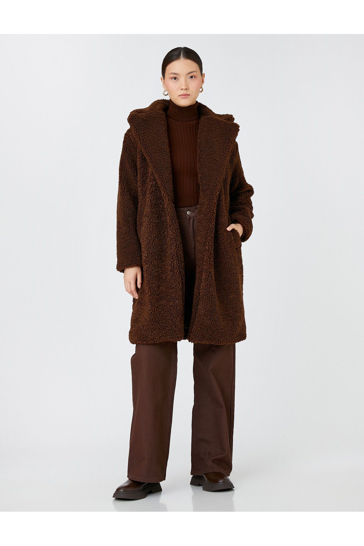 Koton-Long Plush Oversize Coat with Single Button Pocket 1
