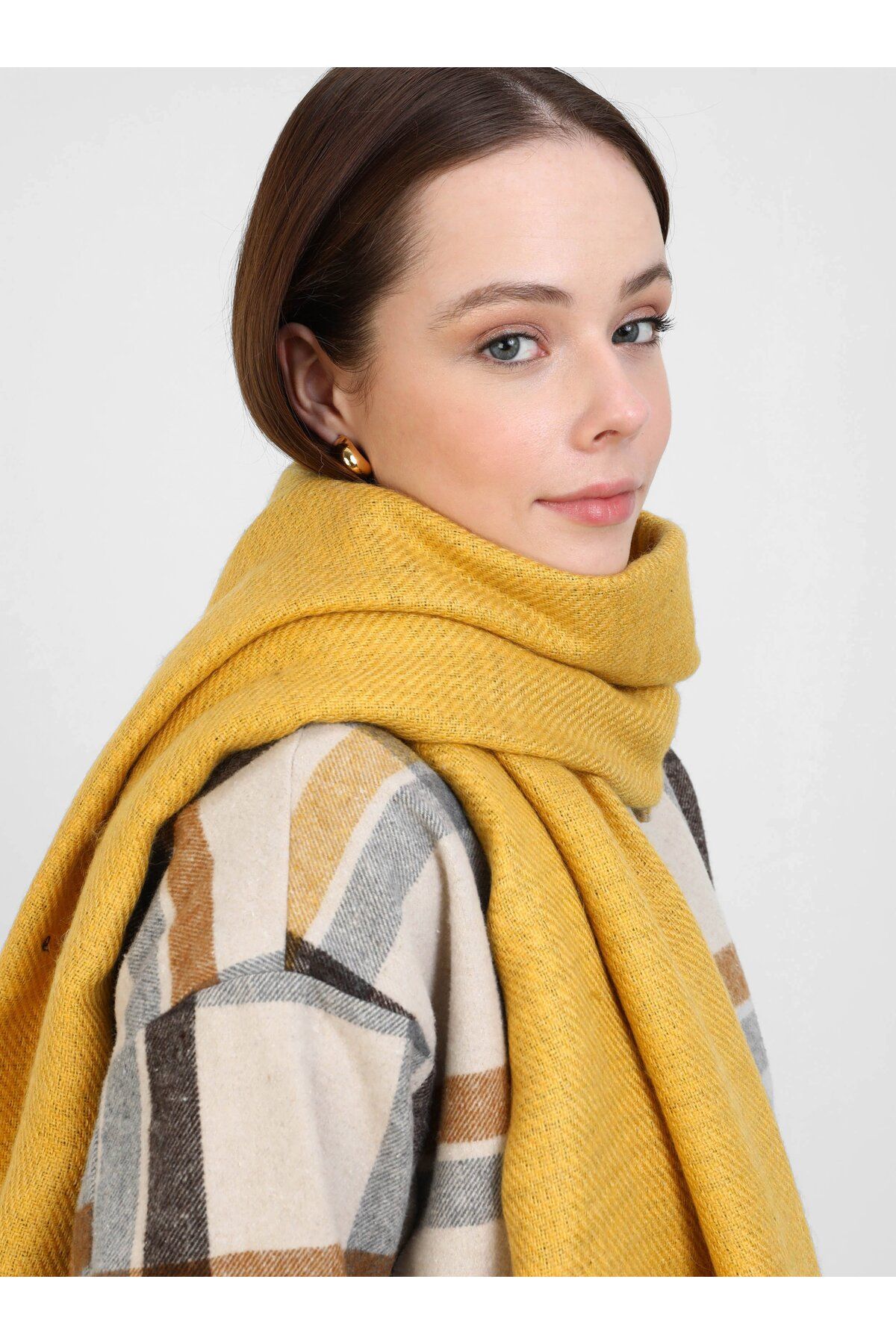 Tuva-Lemon Yellow Patterned Shoulder Shawl - Canvas 3