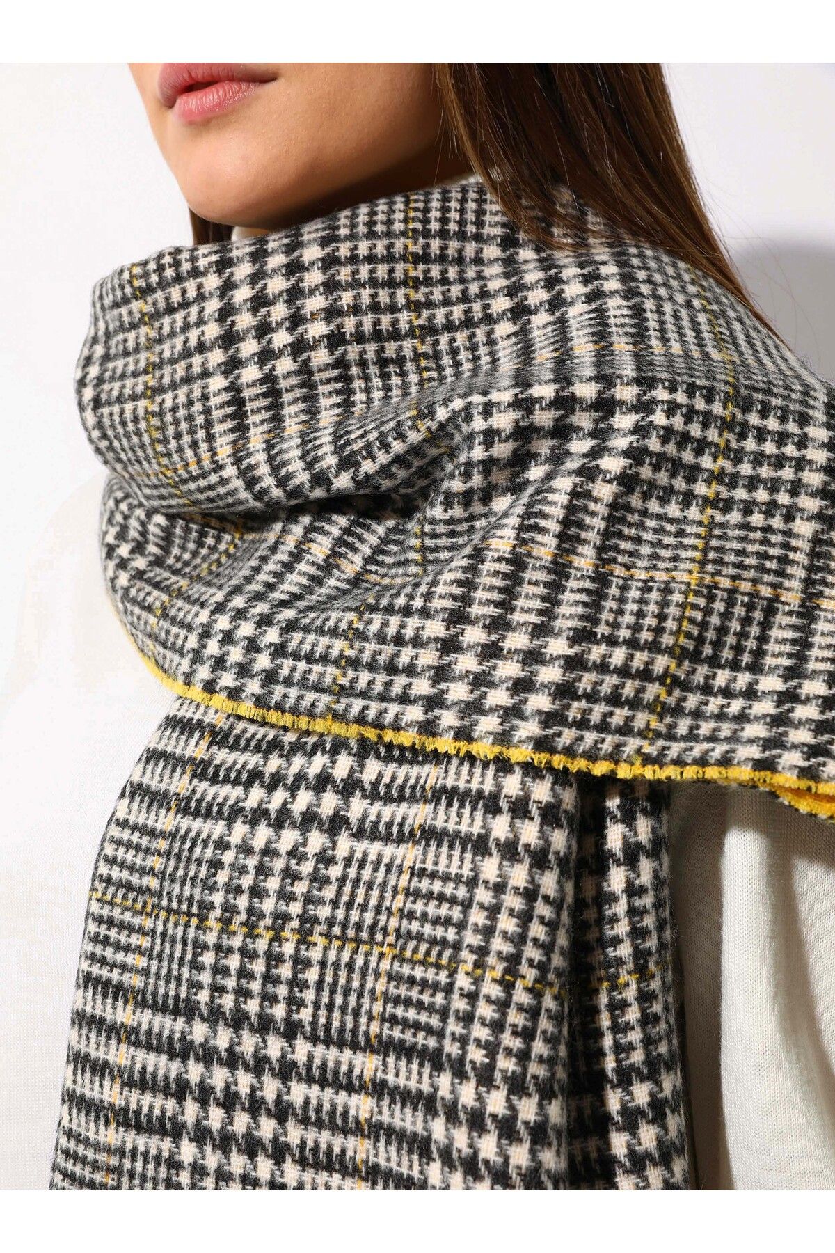 Tuva-Lemon Yellow Patterned Shoulder Shawl - Canvas 7