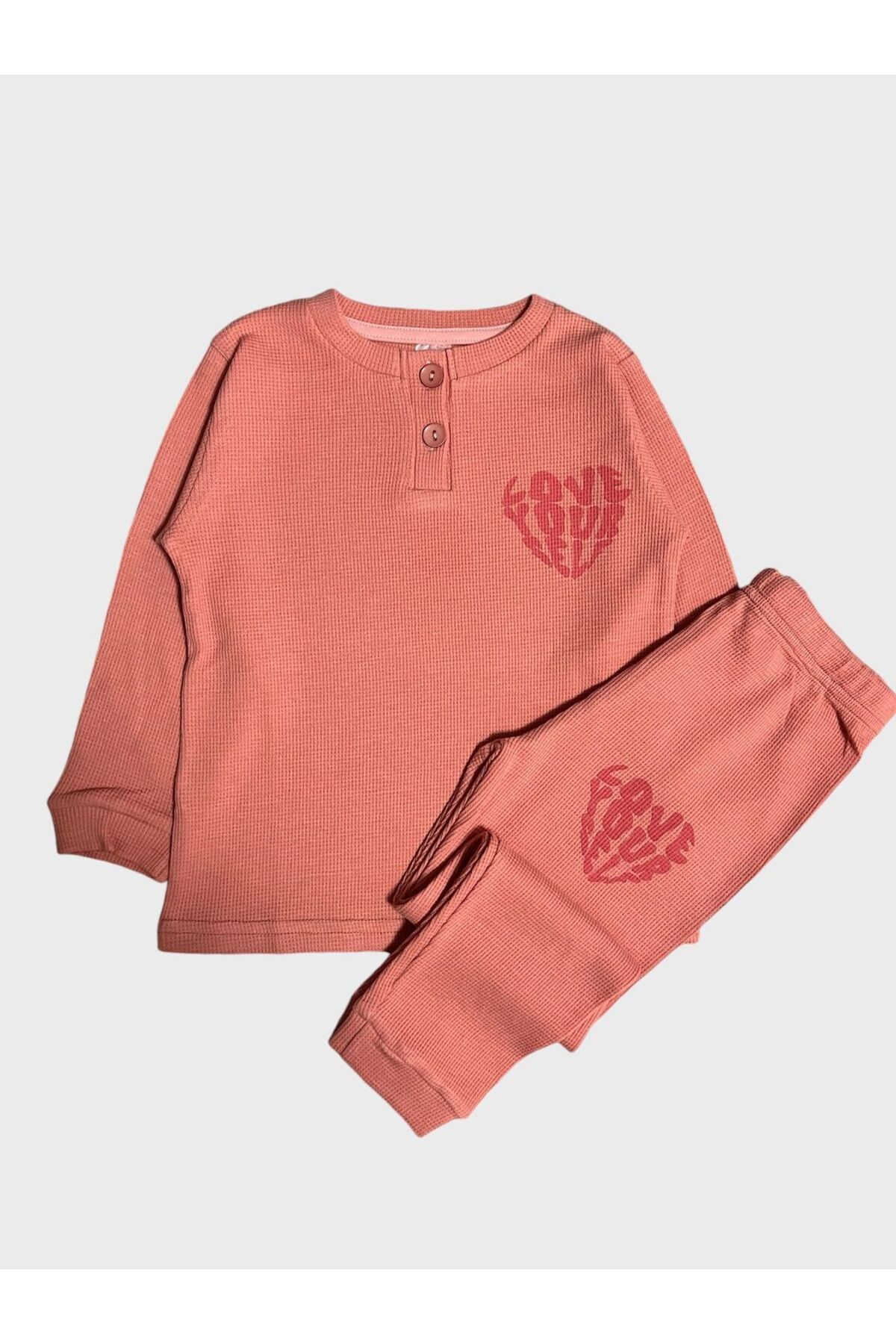 elmas kids-Girls' 100% Cotton Waffle Fabric Winter Orange Love Lettering Long Sleeve Basic Pajamas Set 1