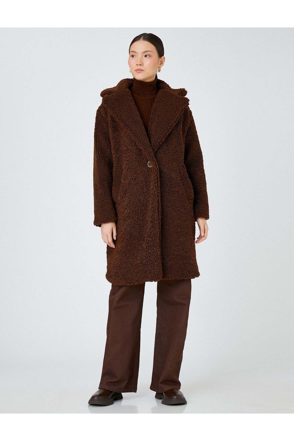 Koton-Long Plush Oversize Coat with Single Button Pocket 3