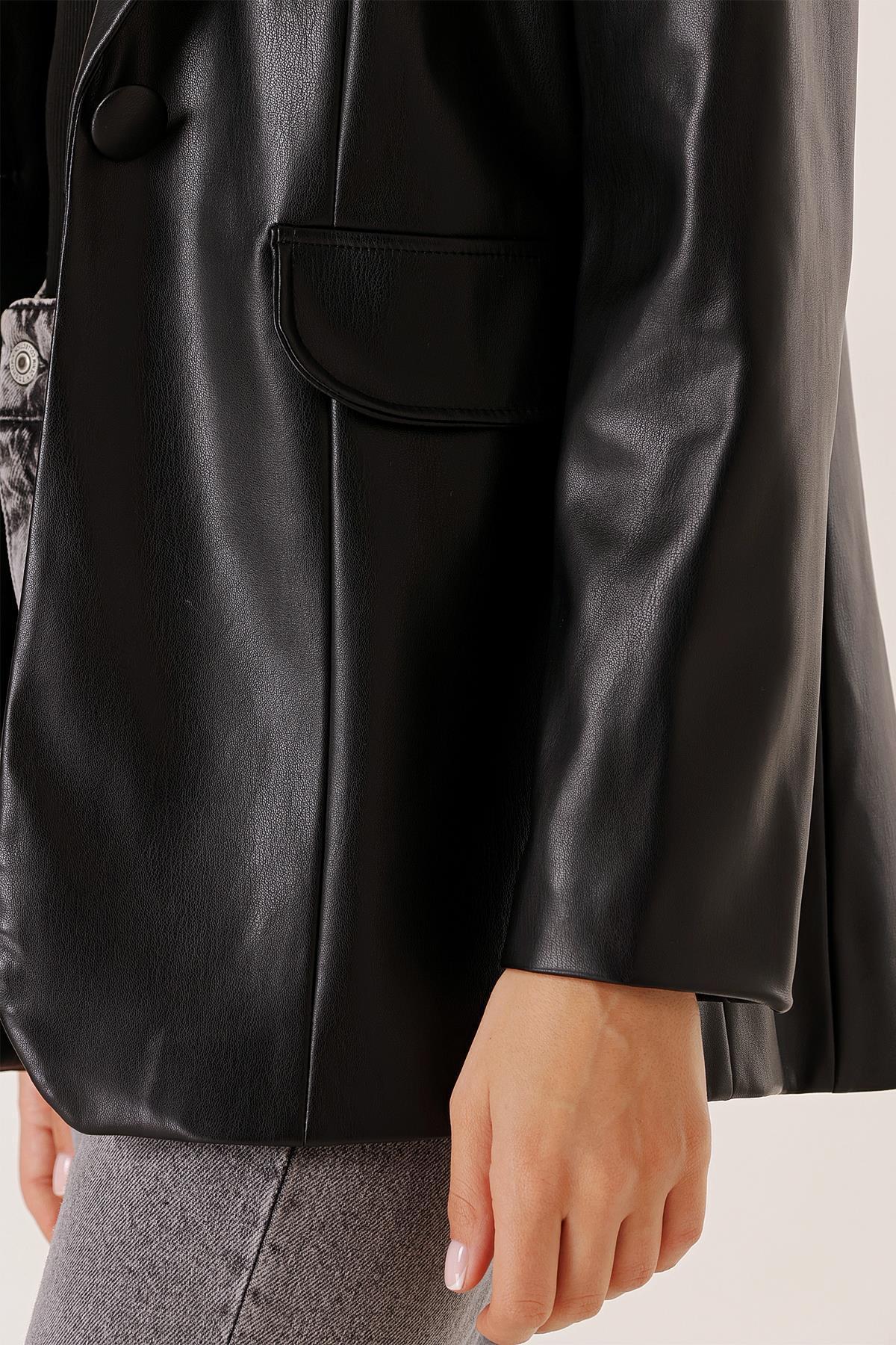 By Saygı-Einknopf-Lederjacke mit Fake-Taschenfutter 4