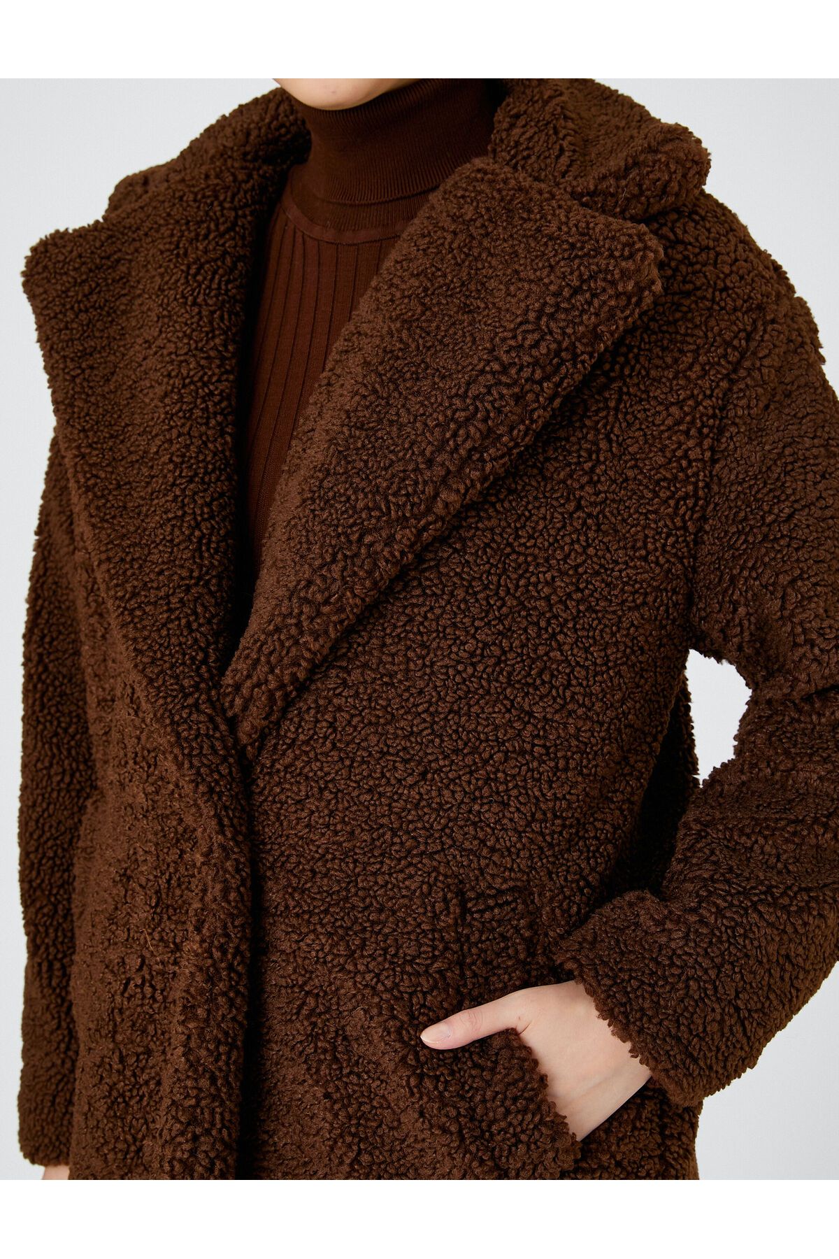 Koton-Long Plush Oversize Coat with Single Button Pocket 5