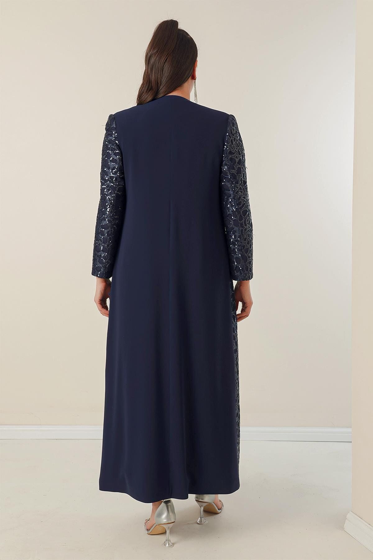 By Saygı-Half Moon Sleeve Long Crepe Dress with Sequined Kaftan Lining on the Sleeves and Front Plus Size 2-Piece Set 5