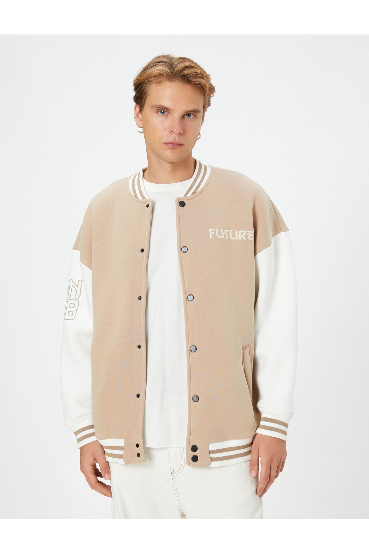 Koton-Embroidered Ribbed College Jacket with Bomber Collar and Snap Buttons 3