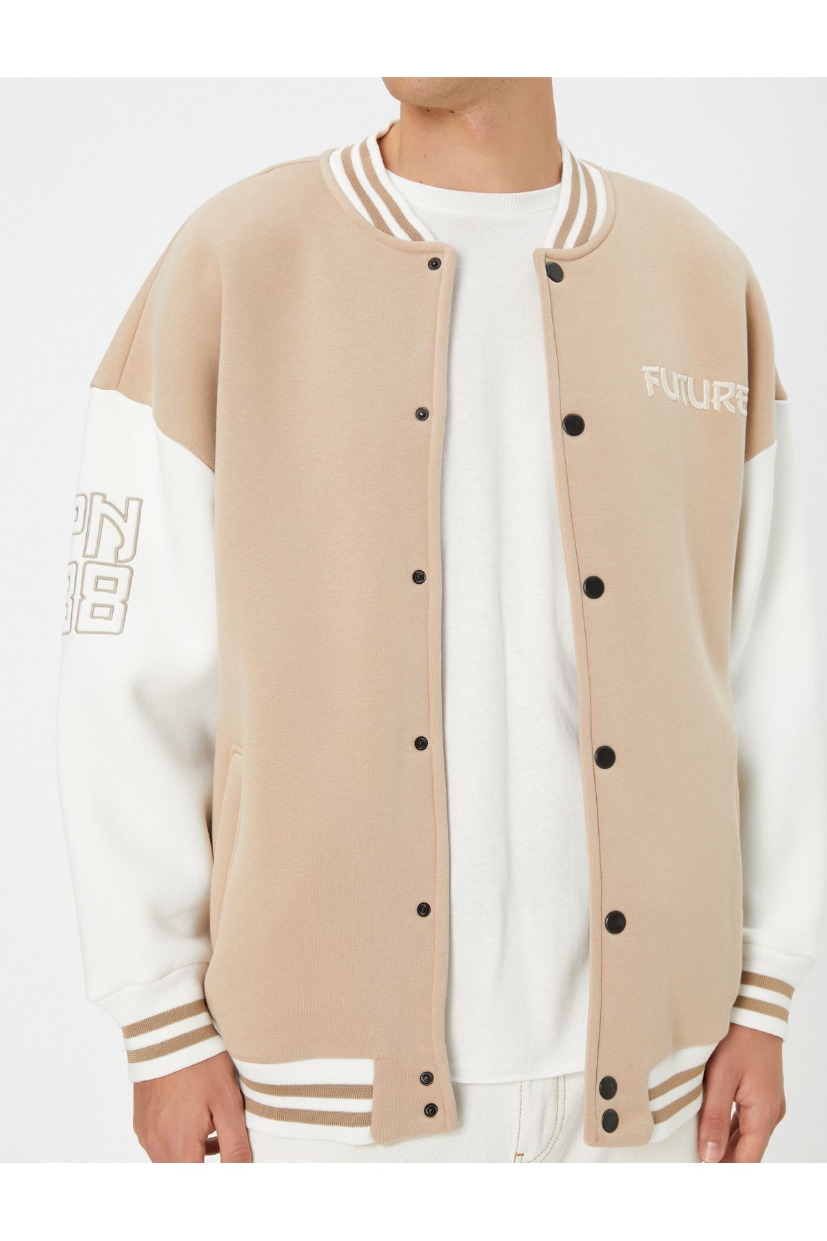 Koton-Embroidered Ribbed College Jacket with Bomber Collar and Snap Buttons 5