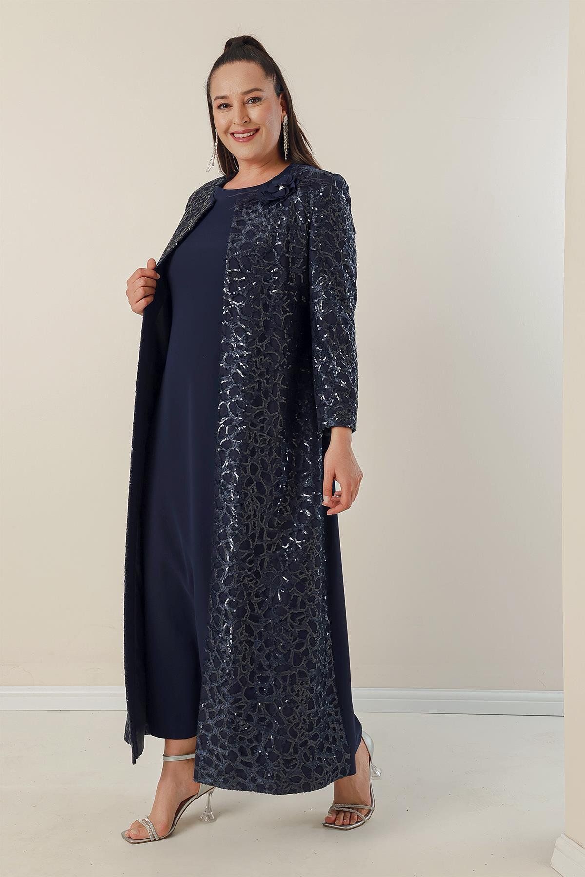 By Saygı-Half Moon Sleeve Long Crepe Dress with Sequined Kaftan Lining on the Sleeves and Front Plus Size 2-Piece Set 3