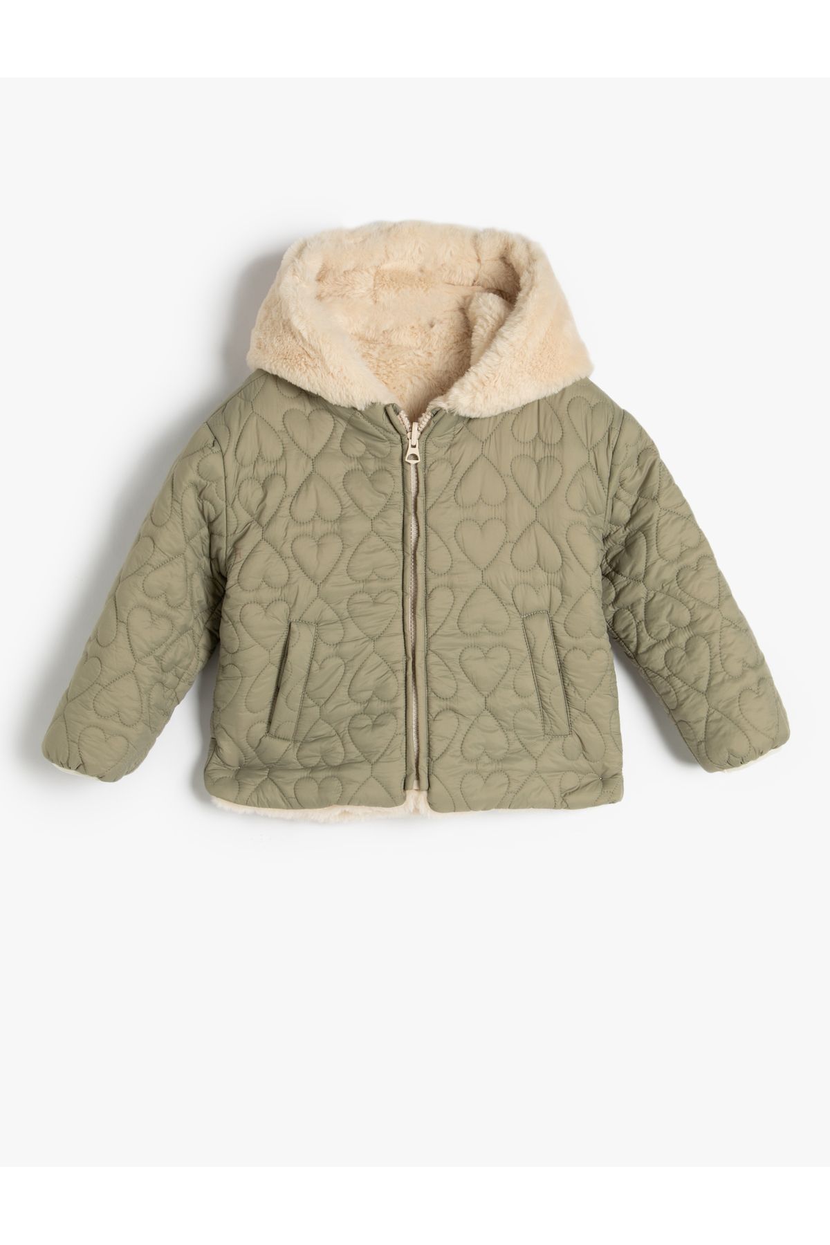 Koton-Baby Girl Jacket Hooded Double-Sided Plush - Quilted Zip-Up 3