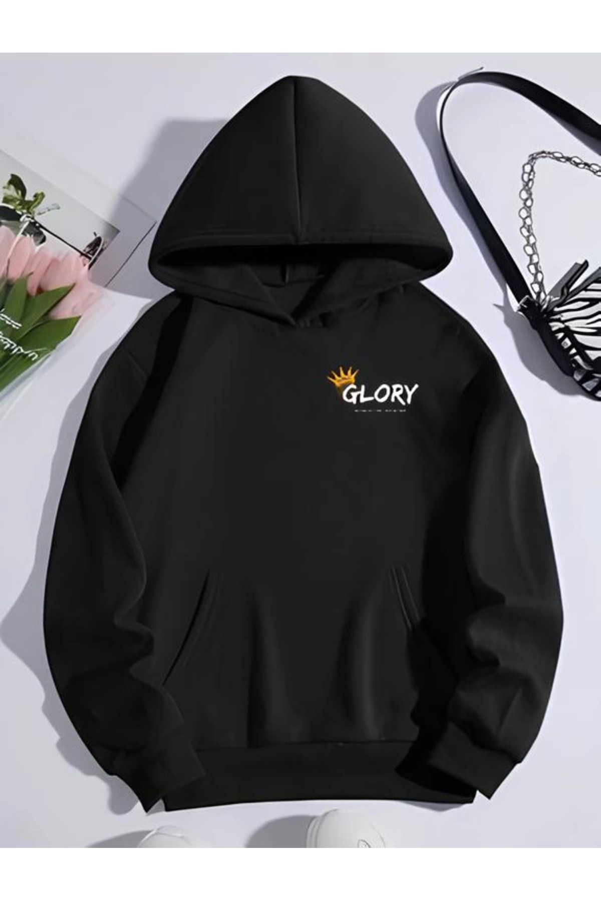 ATOM84 Kışlık Üç İplik Kapşonlu SweatShirt - Siyah