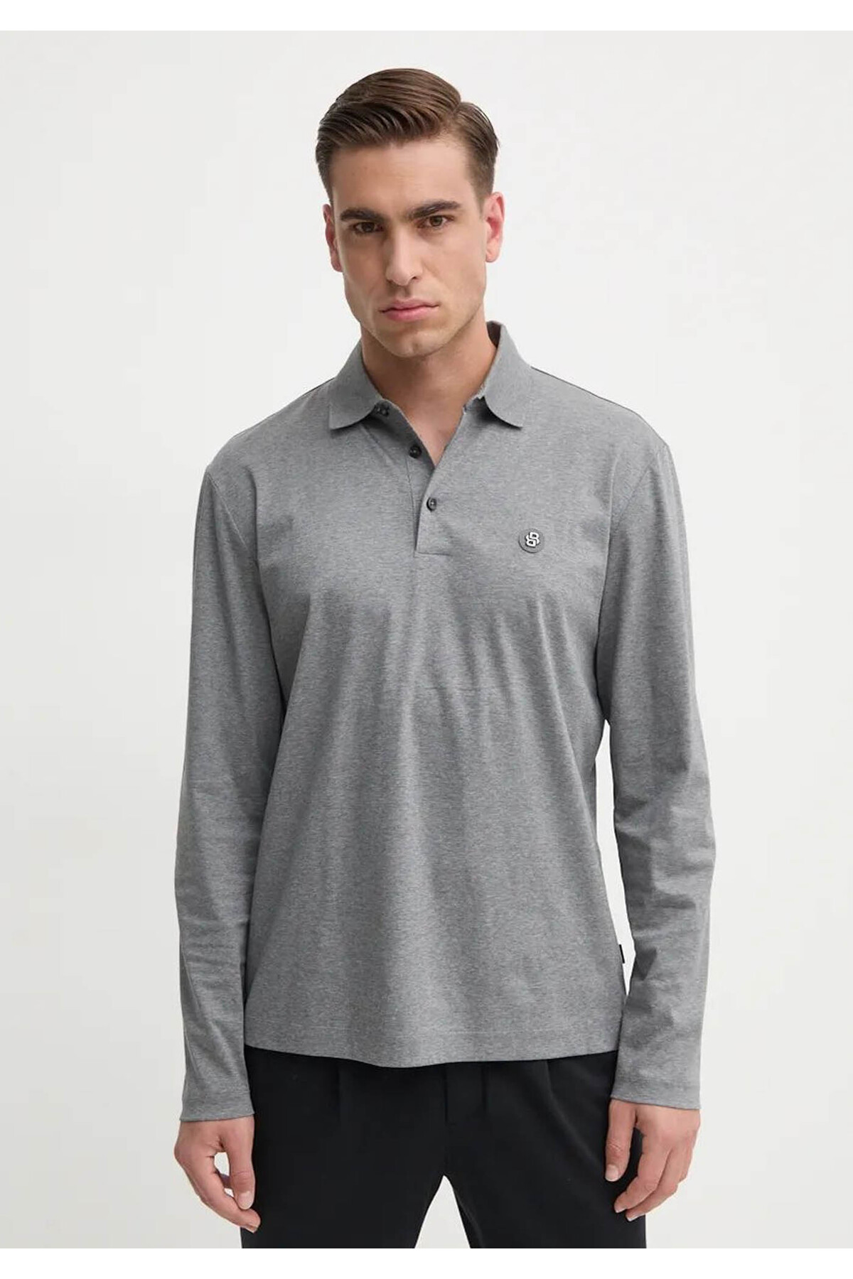 باس تی شرت مردانه یقه گرد آستین بلند نخی طرح Relaxed Fit 030 یقه پولو 50523917-030