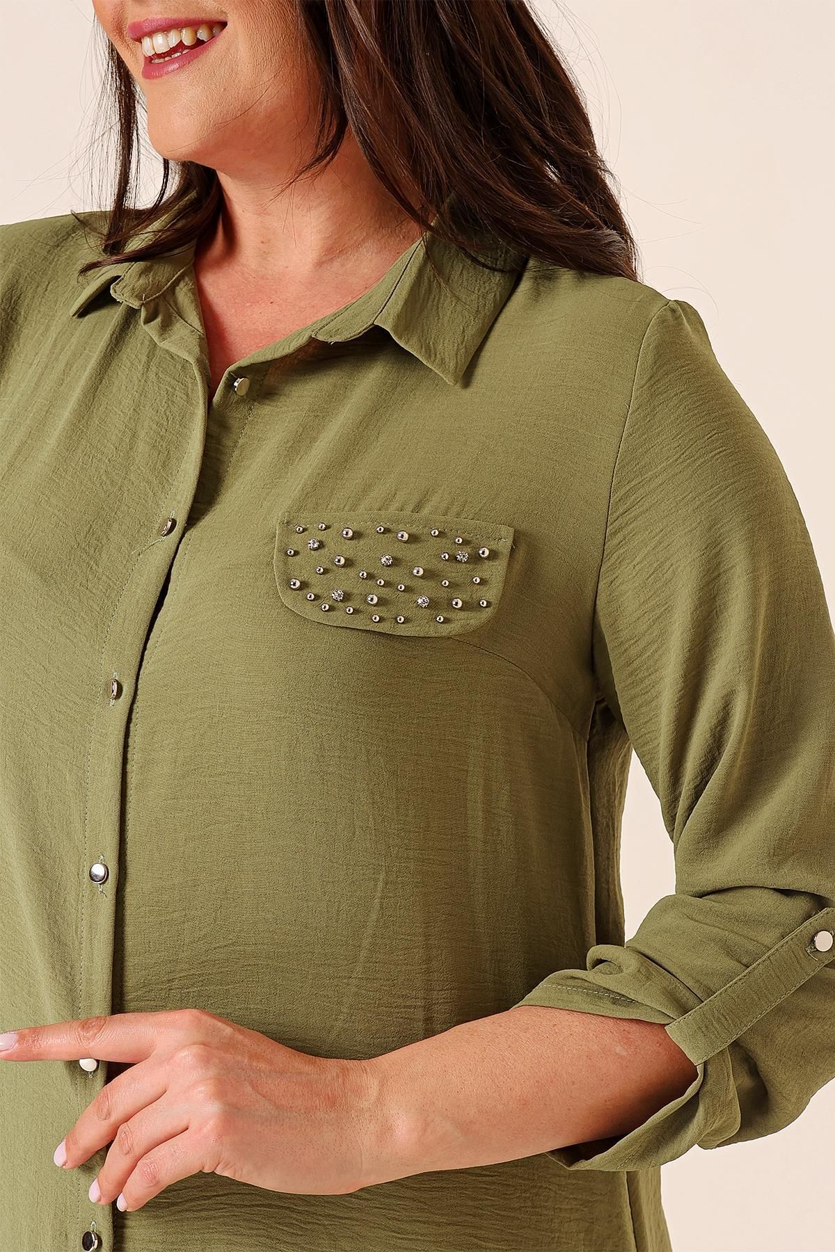 By Saygı-Buttoned Front Three-Quarter Sleeve Pearl Detailed Large Size Ayrobin Long Tunik 4