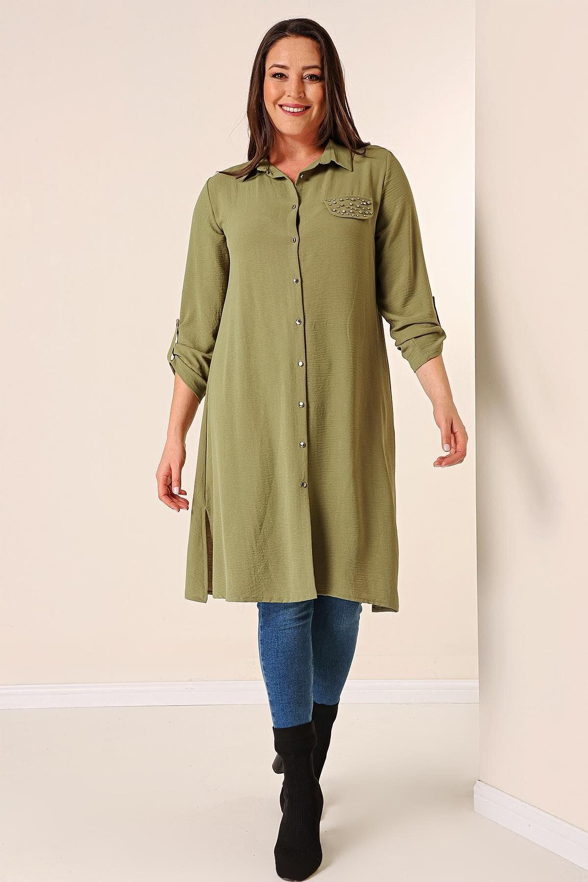 By Saygı-Buttoned Front Three-Quarter Sleeve Pearl Detailed Large Size Ayrobin Long Tunik 1