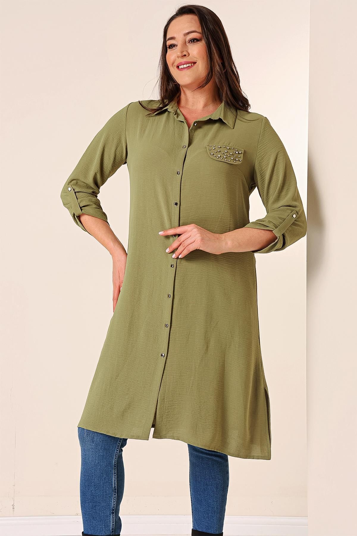 By Saygı-Buttoned Front Three-Quarter Sleeve Pearl Detailed Large Size Ayrobin Long Tunik 3