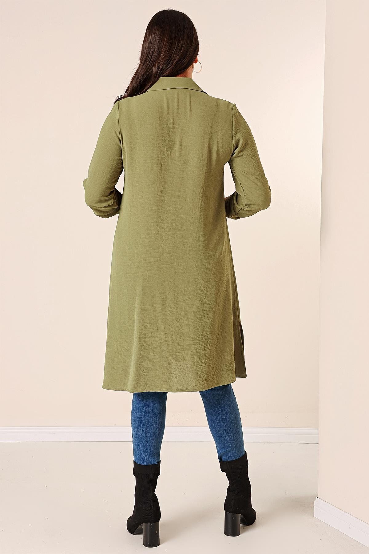 By Saygı-Buttoned Front Three-Quarter Sleeve Pearl Detailed Large Size Ayrobin Long Tunik 5